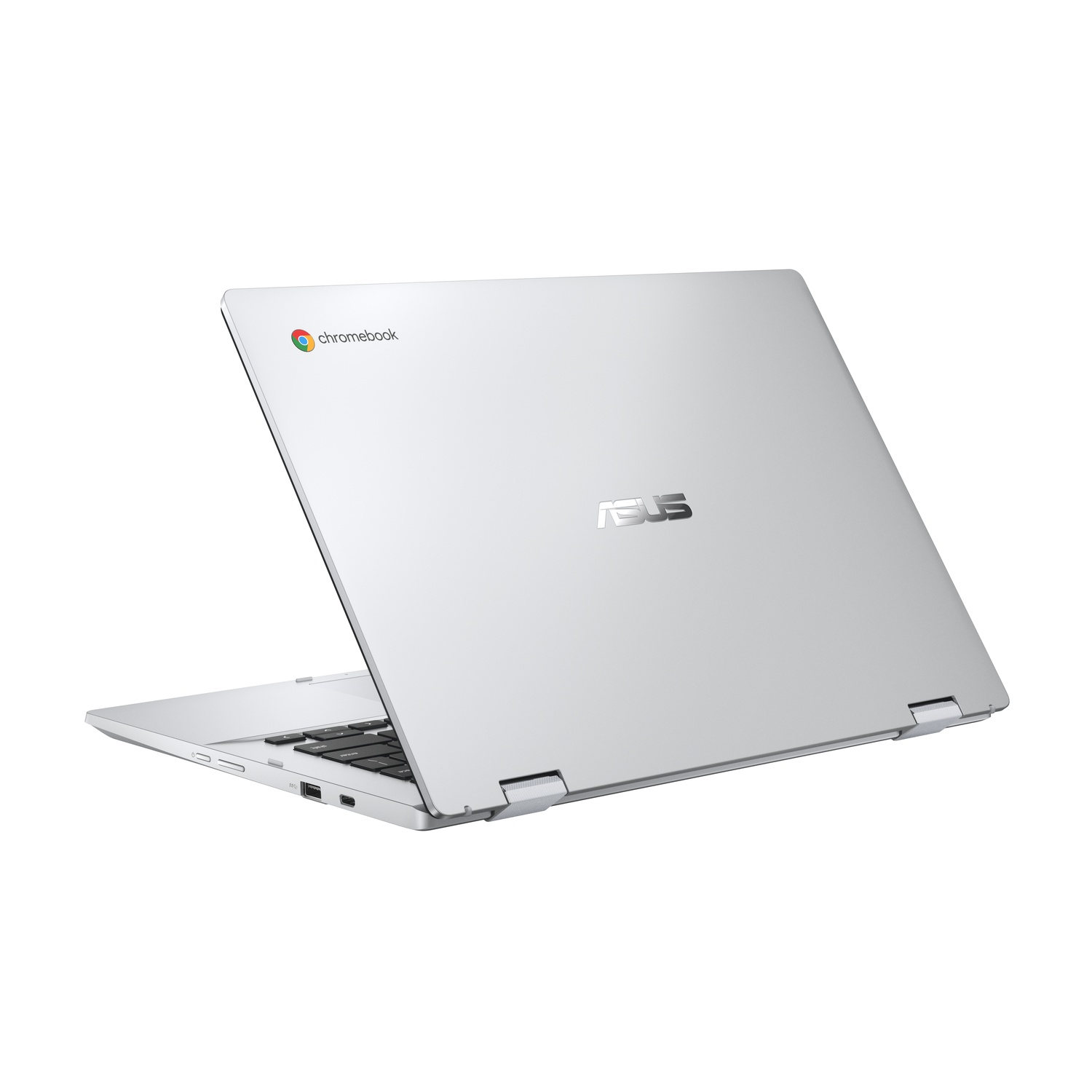 Silver laptop with Chromebook logo, partly open on a white background.