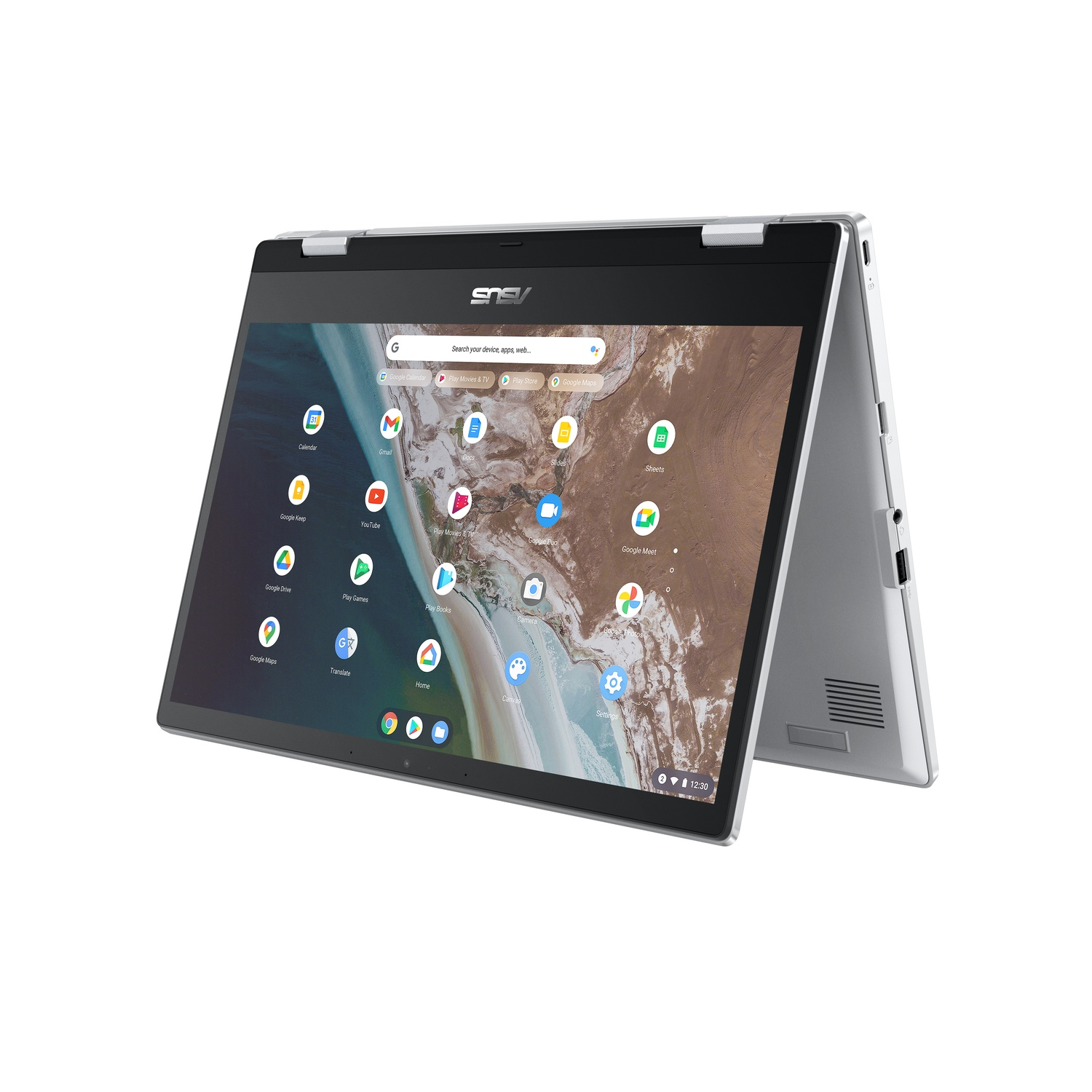 A silver laptop is angled open, showing a screen with app icons, against a white background.