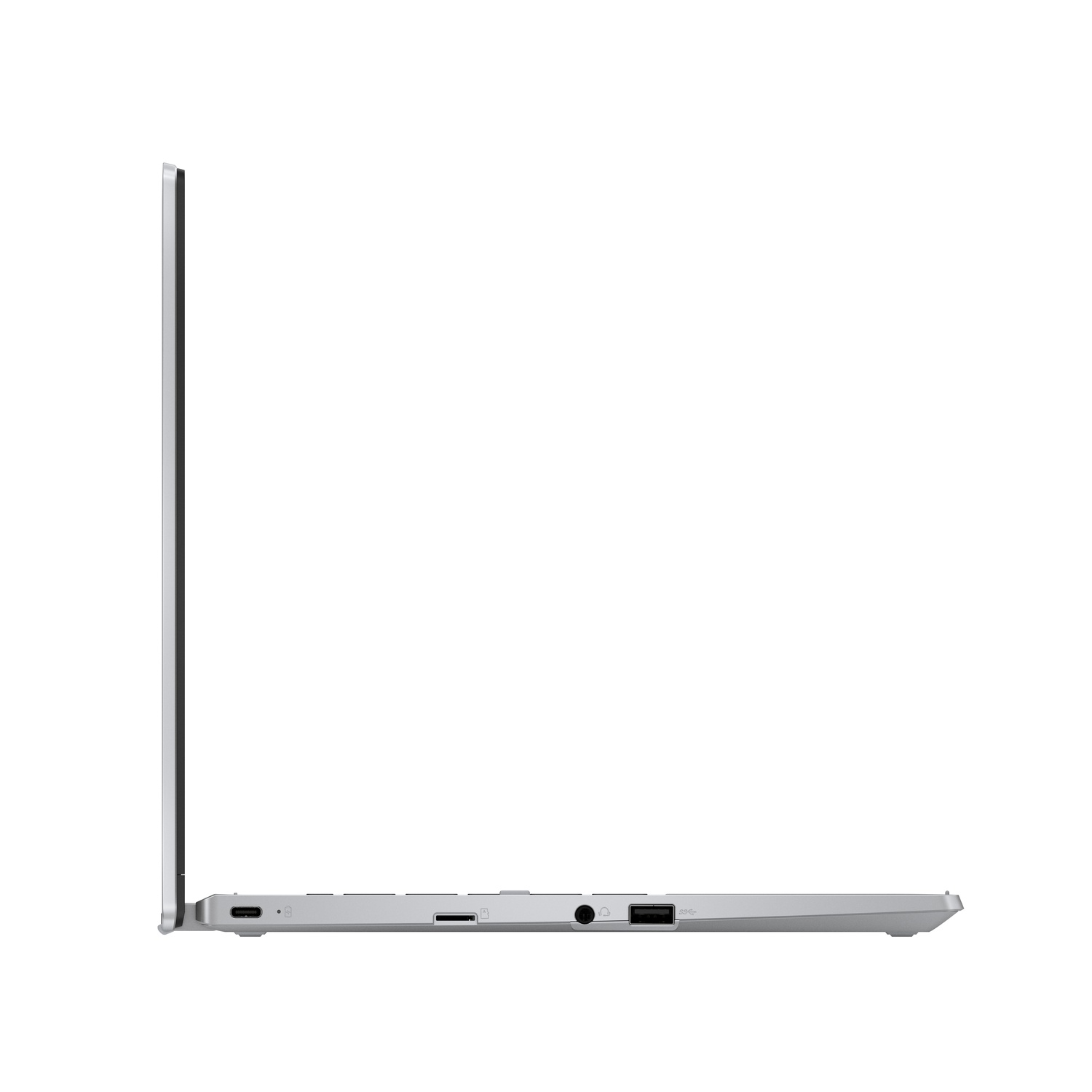 Silver laptop from the side, showing ports and a screen.