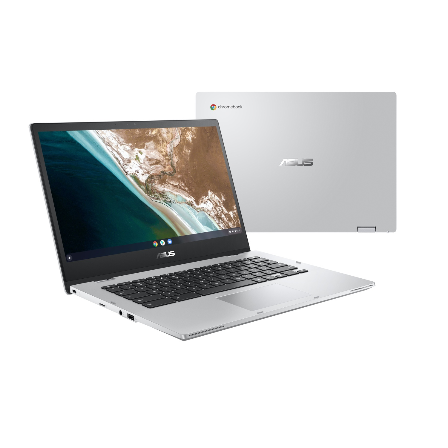 Silver laptop with black keyboard, open, showing screen and back with logo on white background.