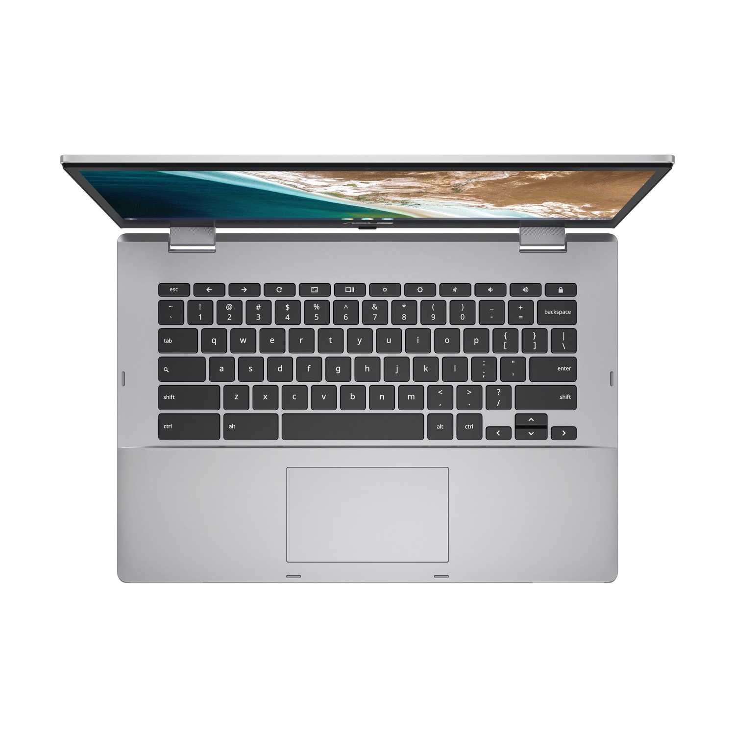 Top view of silver laptop with keyboard and open screen showing a landscape.