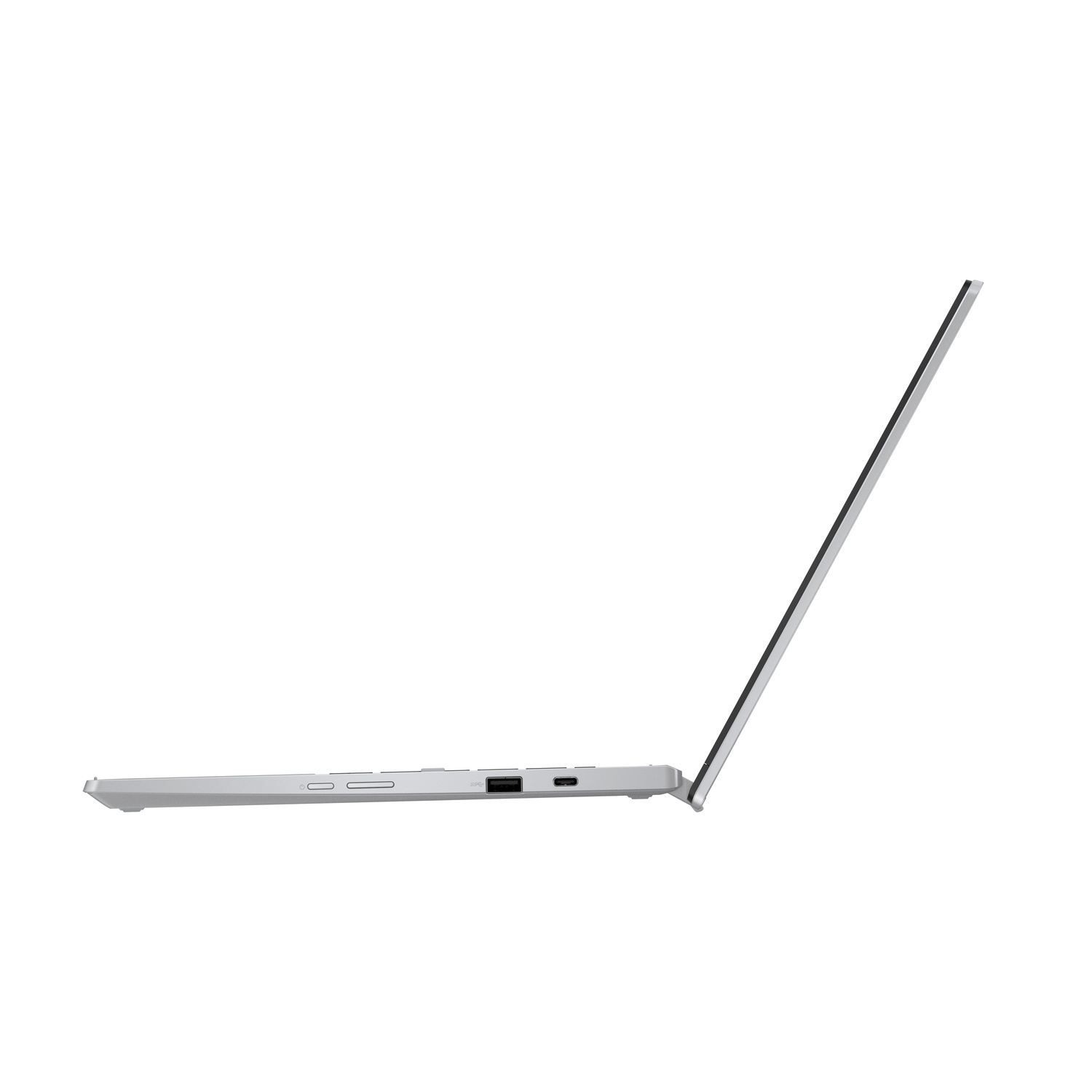 Silver laptop, side view, open. The screen is angled, showing the open display.