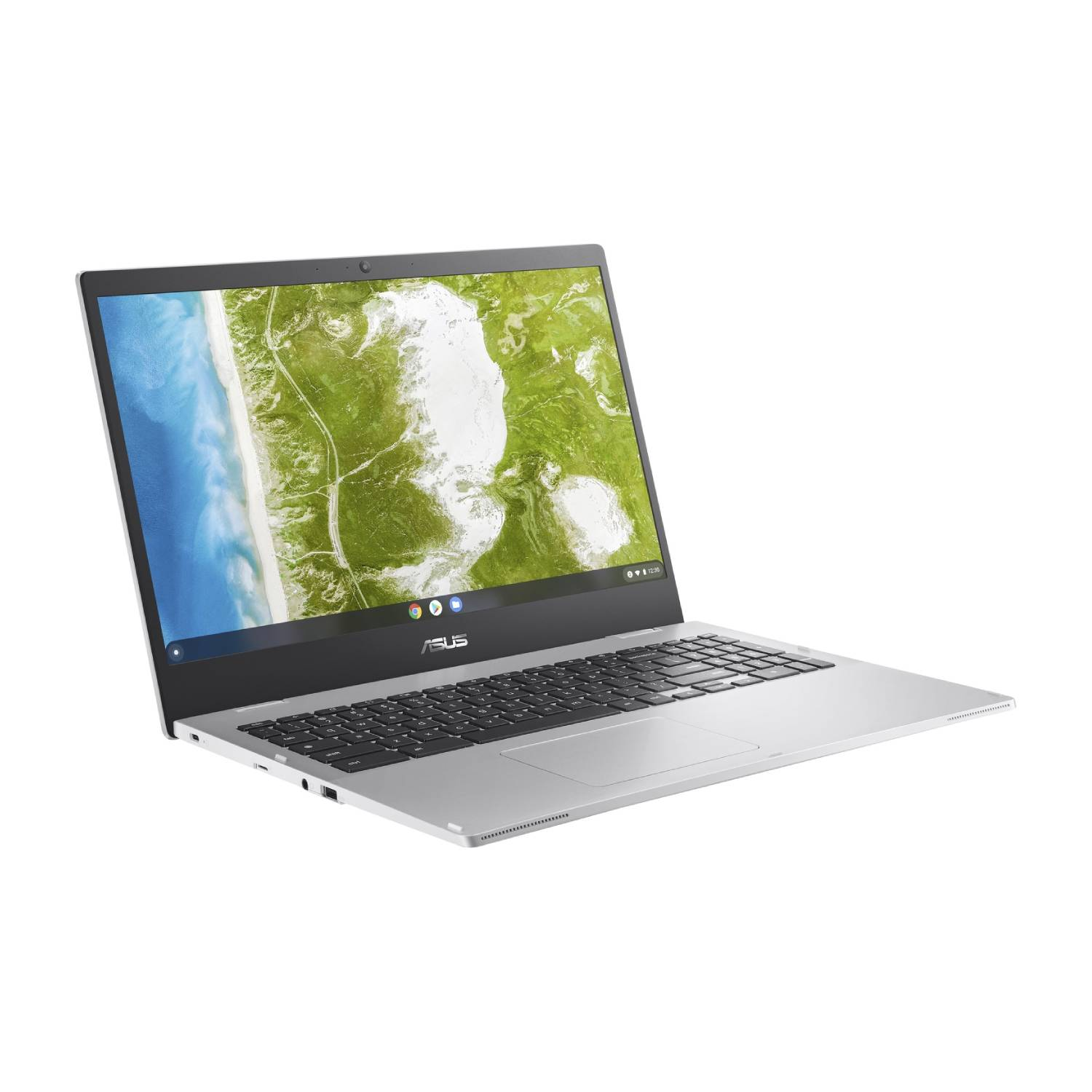 A silver laptop with a black keyboard and a landscape image on the screen.