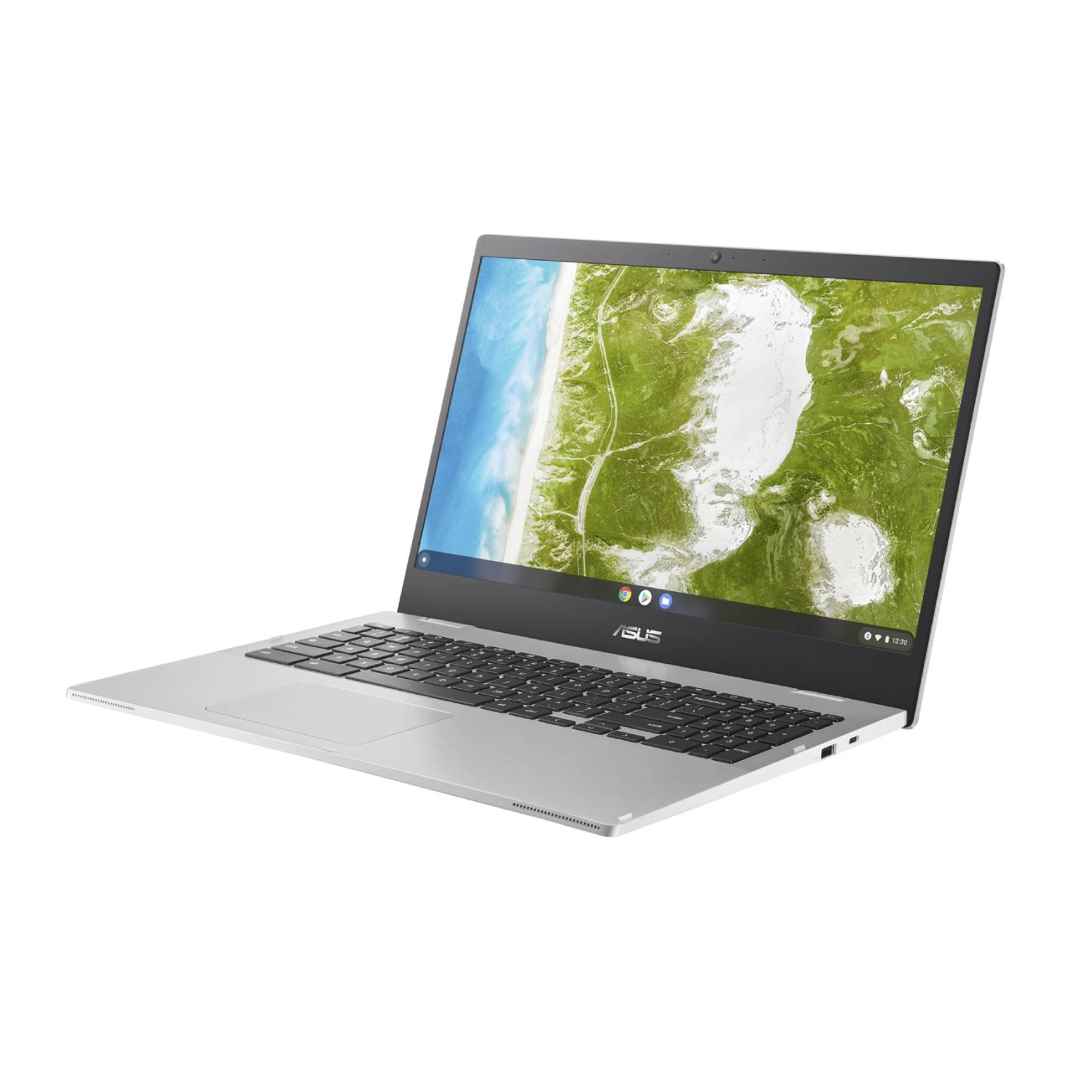 Silver laptop with black keyboard open, screen showing a map. White background.