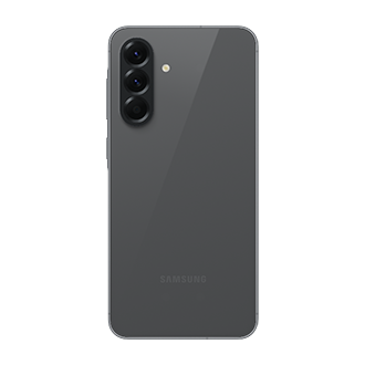 Rückansicht eines dunkelgrauen Smartphones mit drei Kameras und Samsung-Logo.