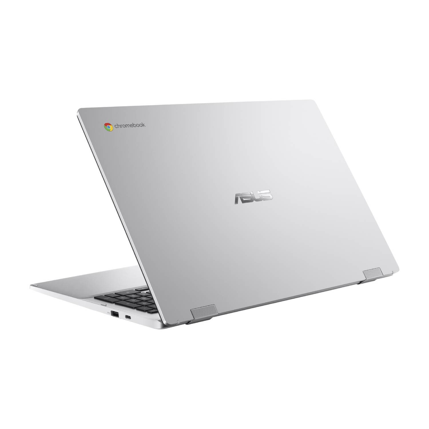 Silver laptop with an ASUS logo on the back, slightly open on a white background.