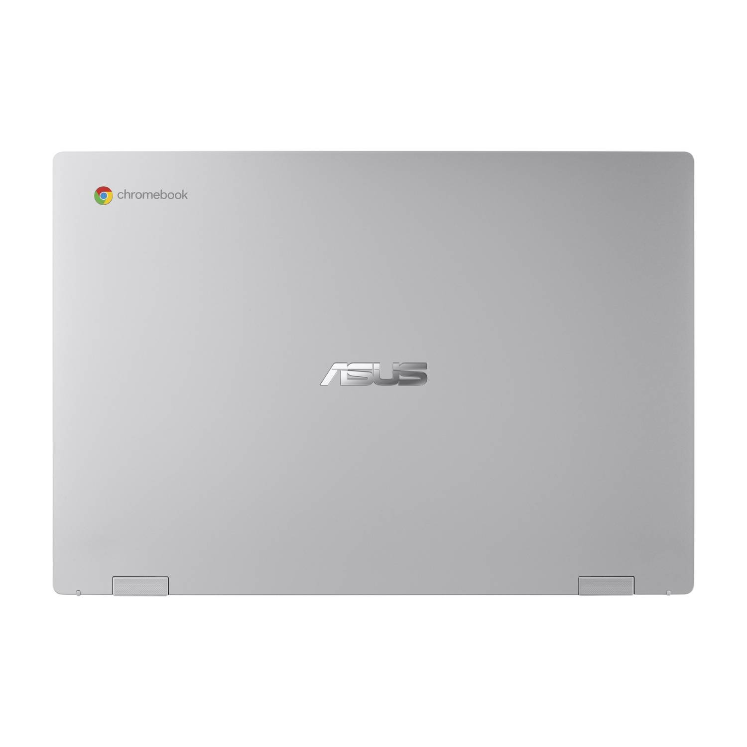 A silver laptop's back cover, with the ASUS logo and Chromebook label.
