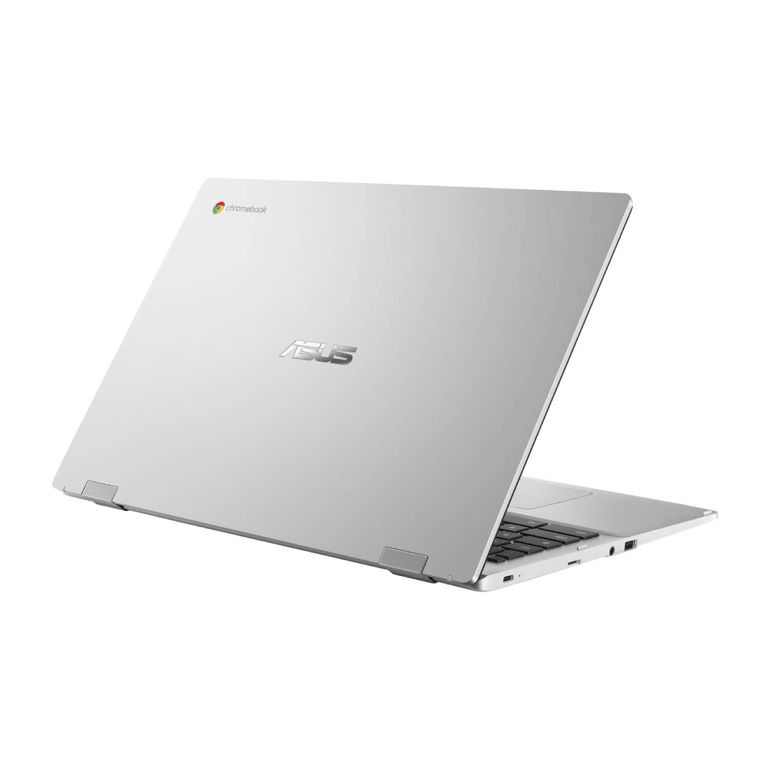 Laptop computer. Back view, open. Silver color, ASUS logo.