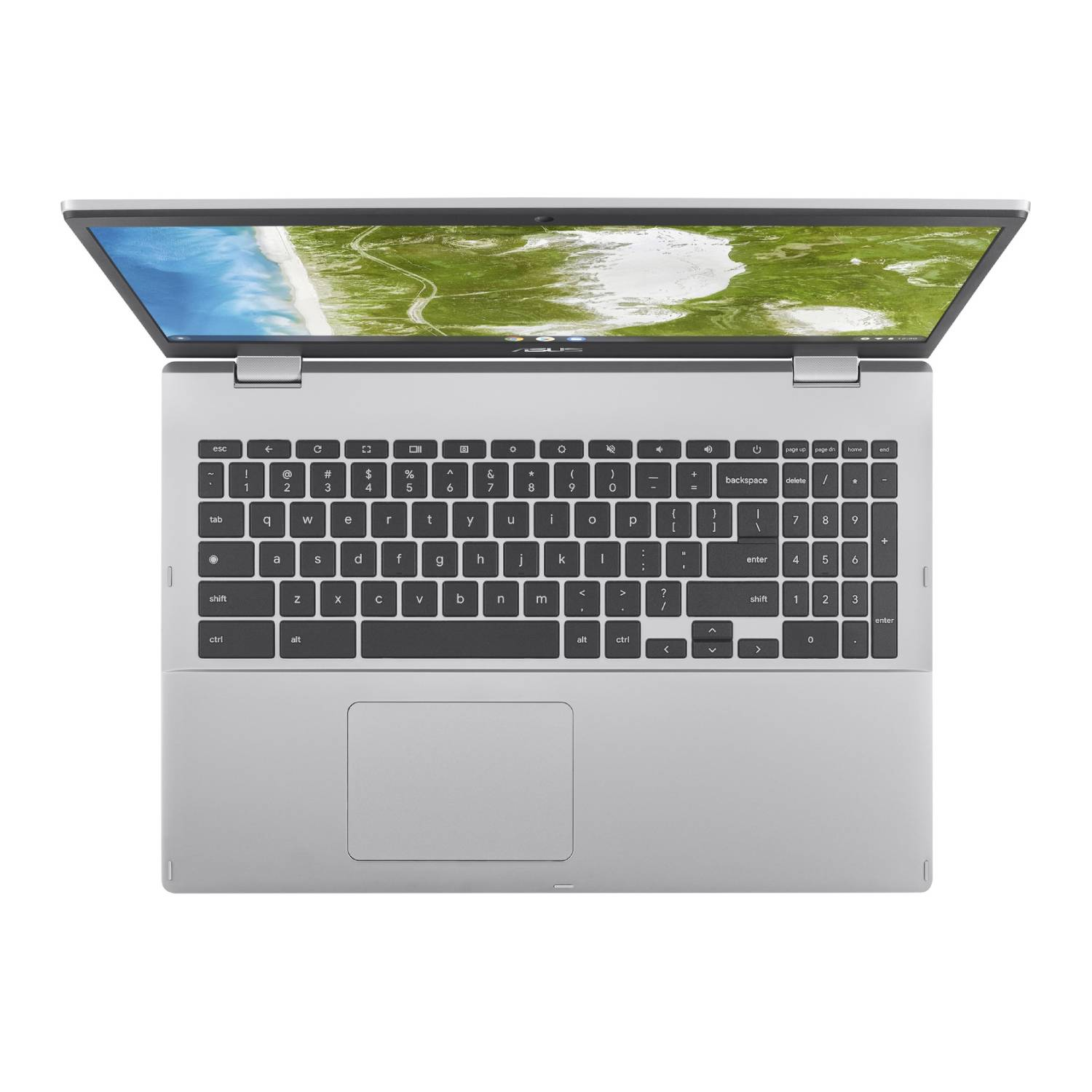 Silver laptop with open screen, keyboard visible. White background.