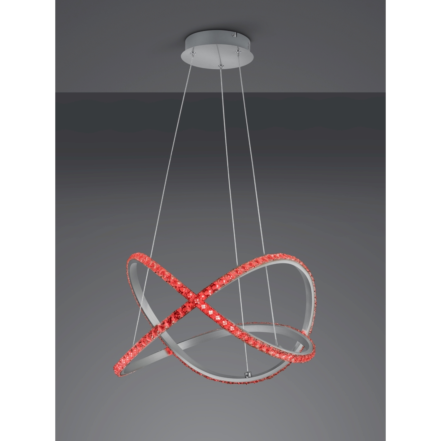 Lampada a sospensione argentata con anelli, LED rossi e montaggio a soffitto.