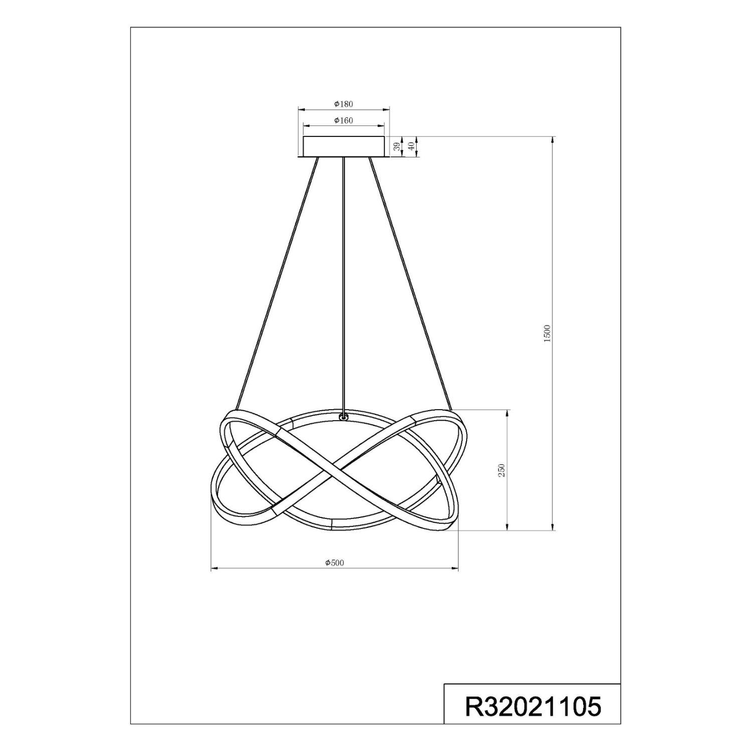 Disegno tecnico di una lampada a sospensione. Mostra dimensioni e dettagli di design.