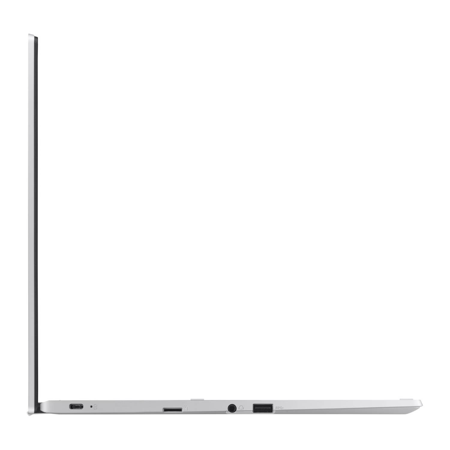 A laptop from the side, showing ports and a slim design. It is silver in color and has a black screen.