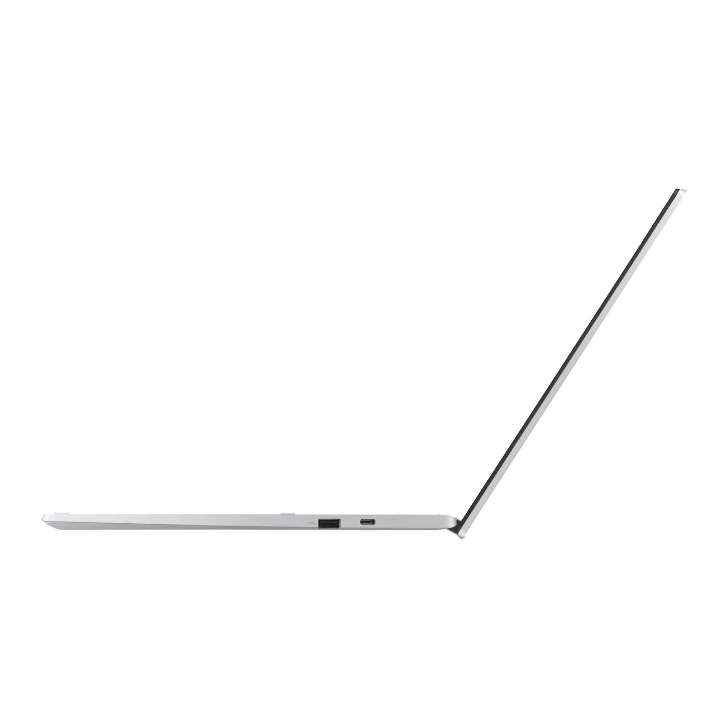 Side view of a light-colored laptop with the screen open.