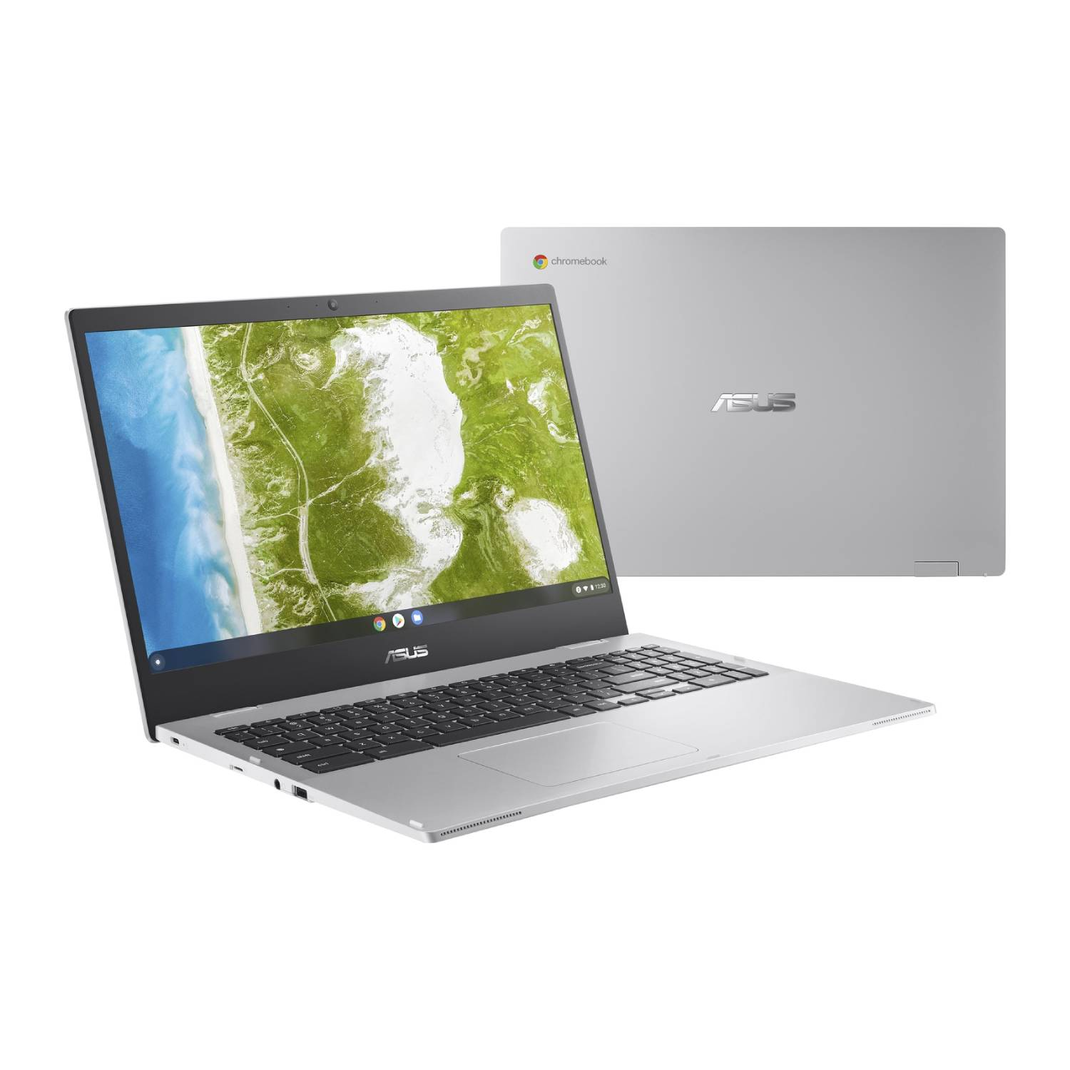 Silver laptop with a screen showing a green landscape and the Asus logo. Chromebook.