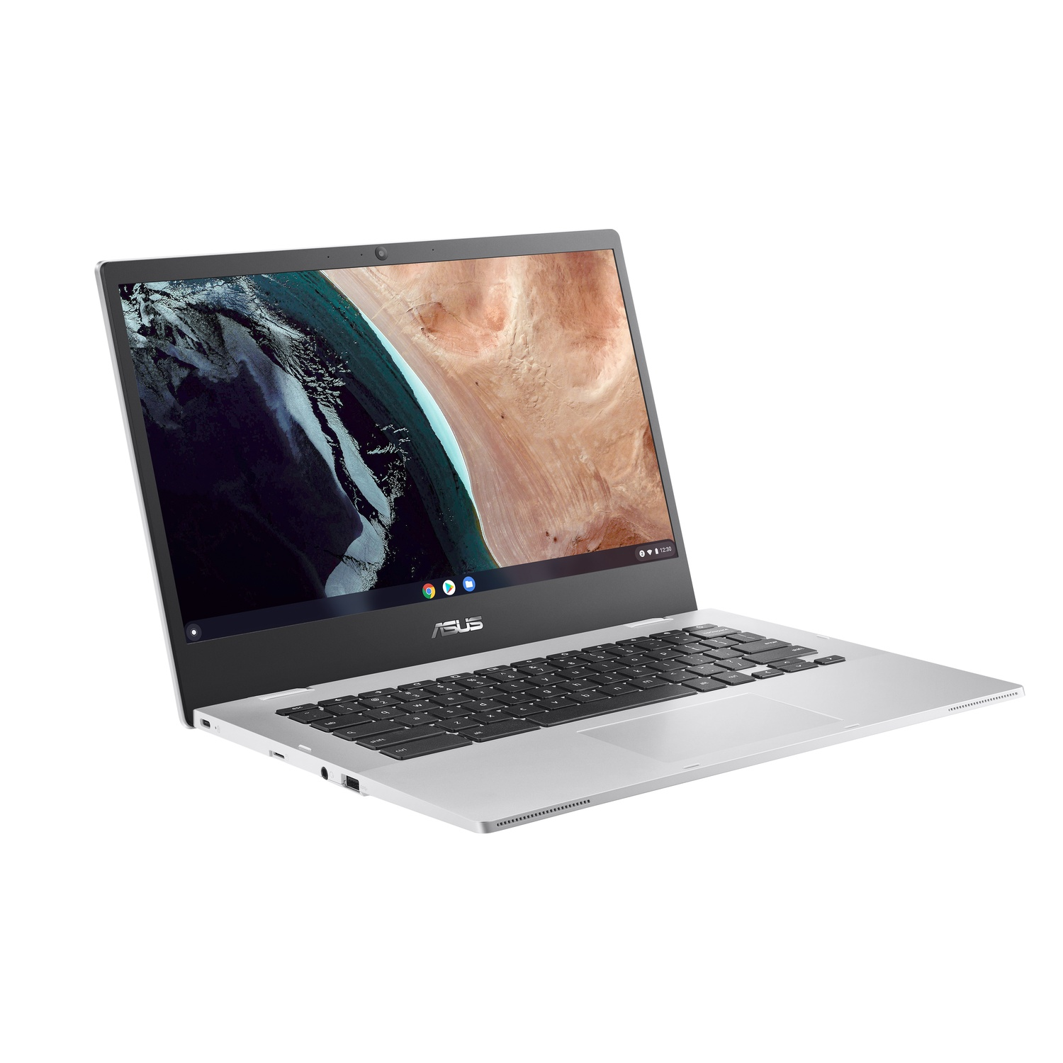 Silver laptop with an open screen displaying a landscape, on a white background.