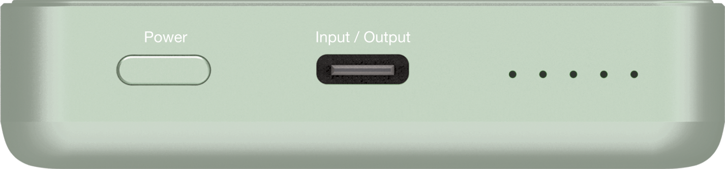 Menta zöld power bank bekapcsológombbal, bemenettel/kimenettel és töltésjelzővel.