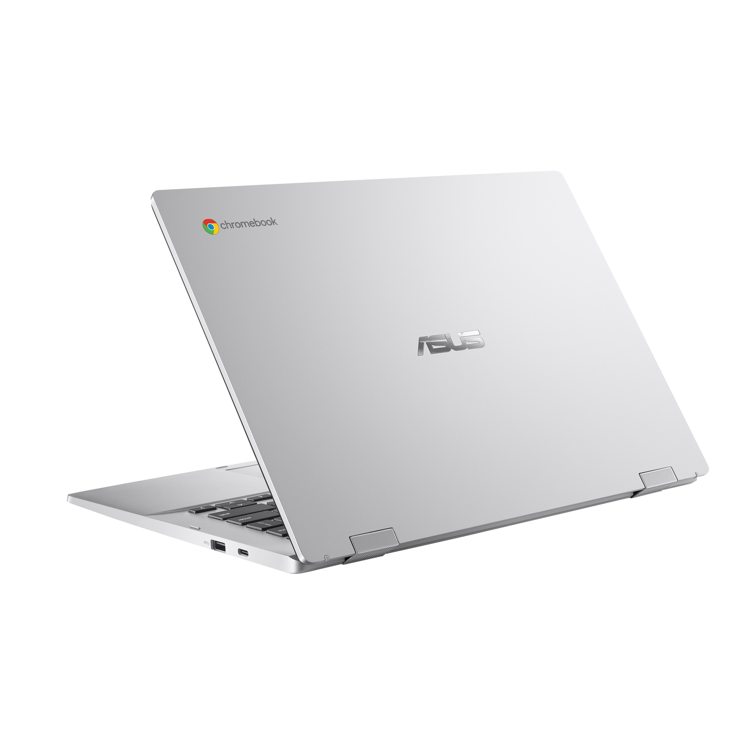 Silver ASUS Chromebook laptop, open, angled view. Chrome logo visible. White background.