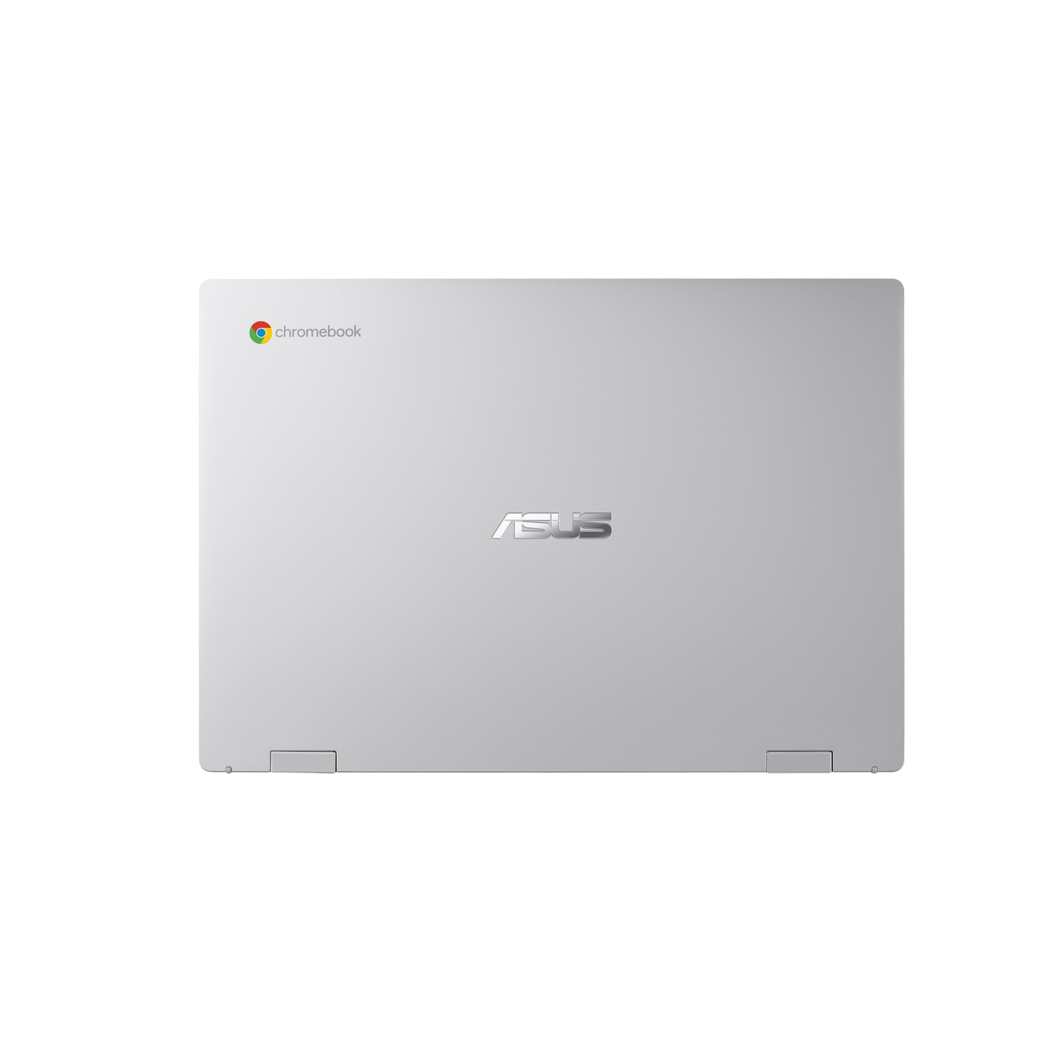 Silver ASUS Chromebook laptop, closed, viewed from above. The ASUS logo is visible.