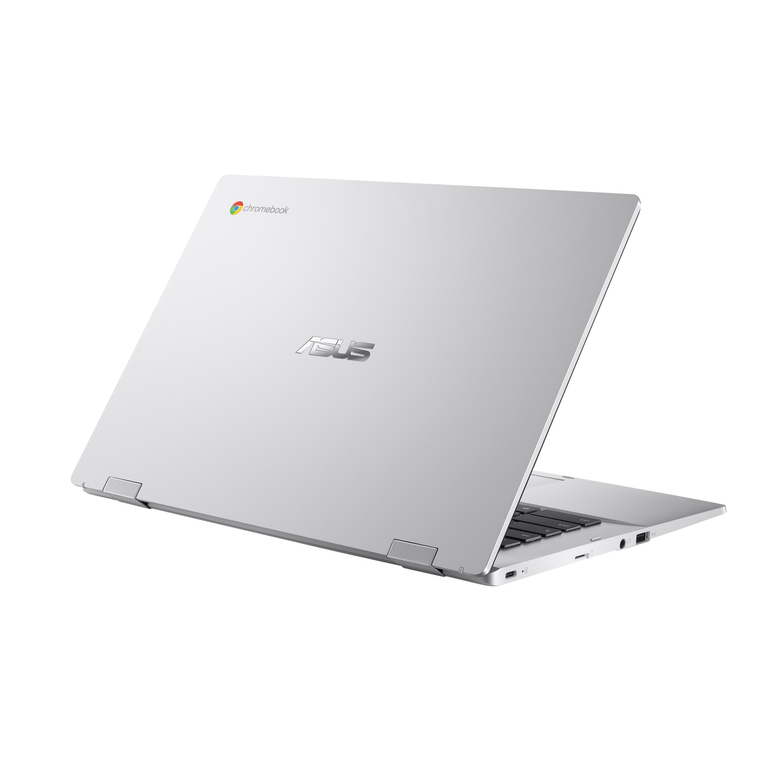 Silver ASUS Chromebook laptop, slightly open, revealing the keyboard and screen, on a white background.