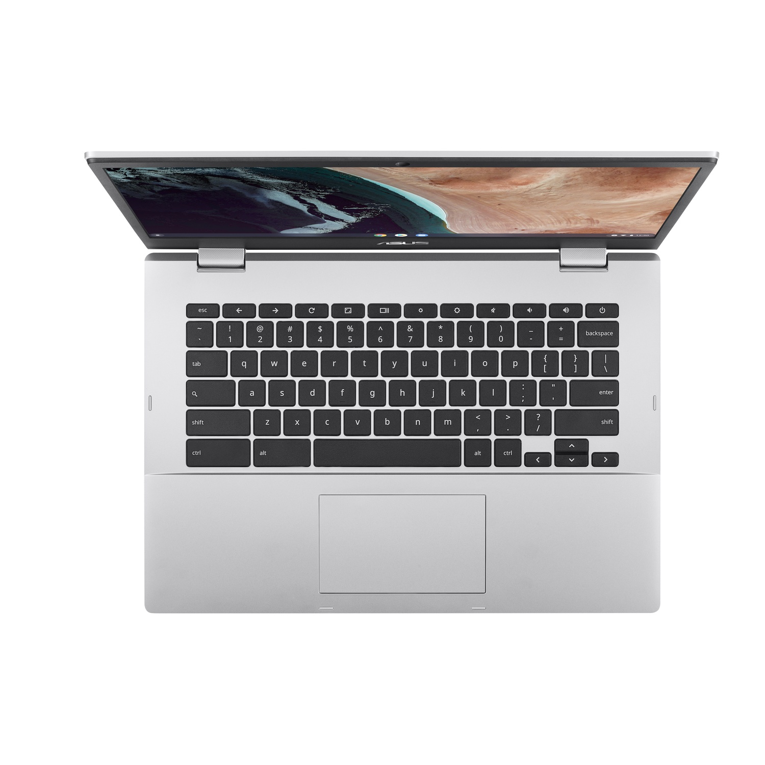 A silver laptop, keyboard facing up, open showing the screen, with white background.