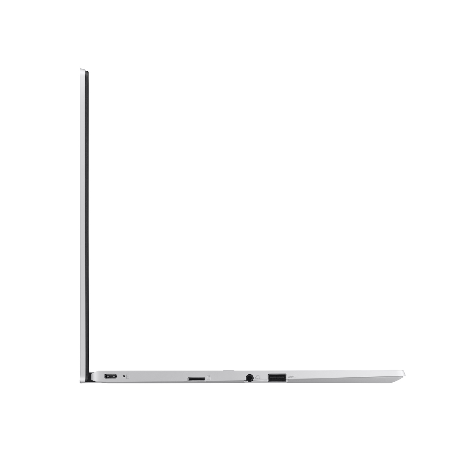 Laptop side view, showing ports and sleek design.