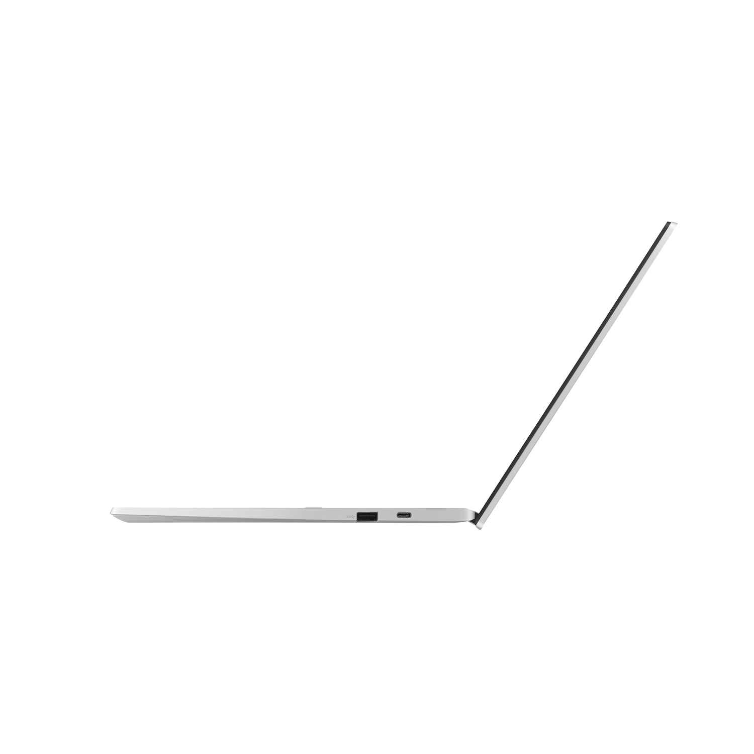 Silver laptop, side view, partially open, showing the keyboard and screen edge.