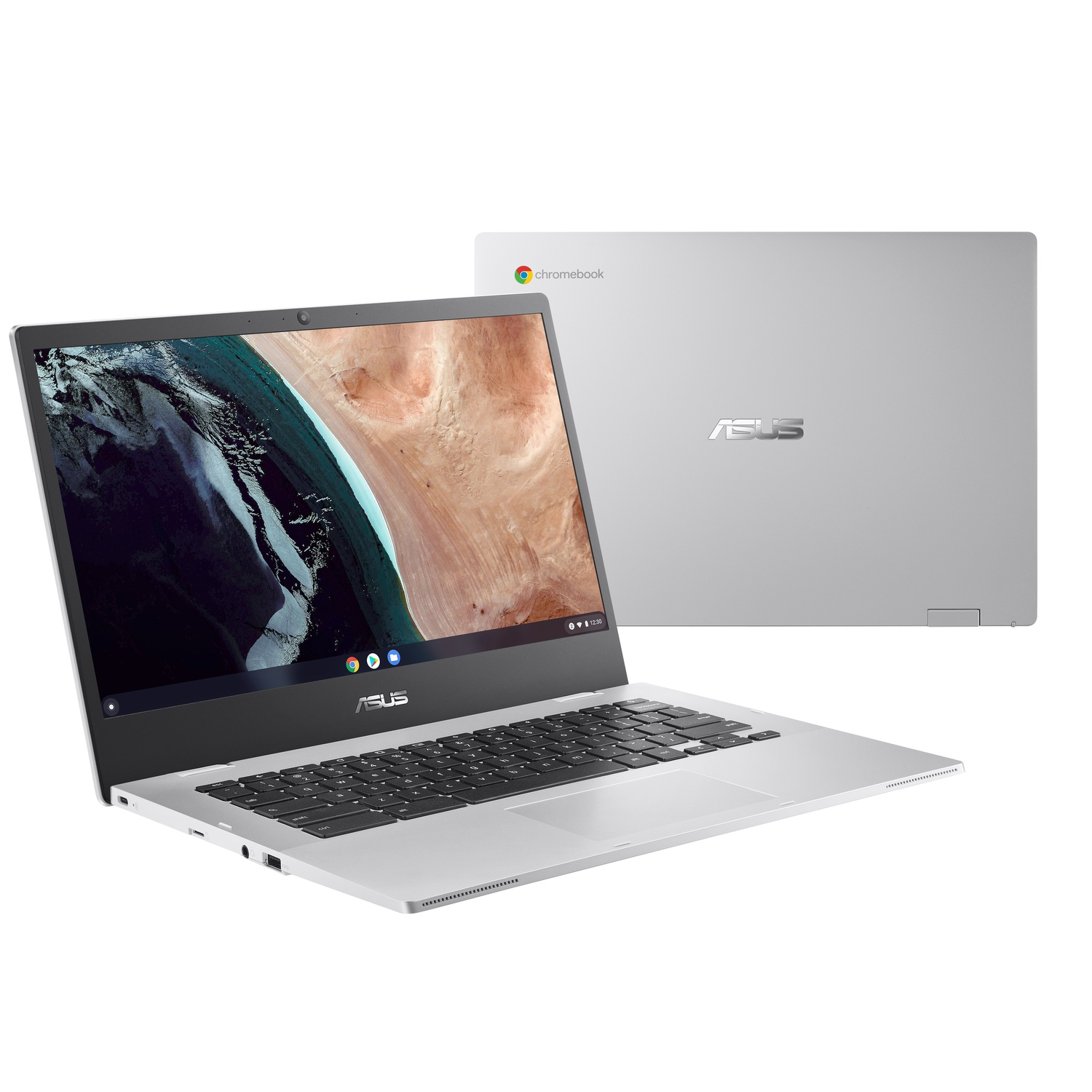A silver ASUS Chromebook laptop, shown open and closed. The screen and keyboard are visible.