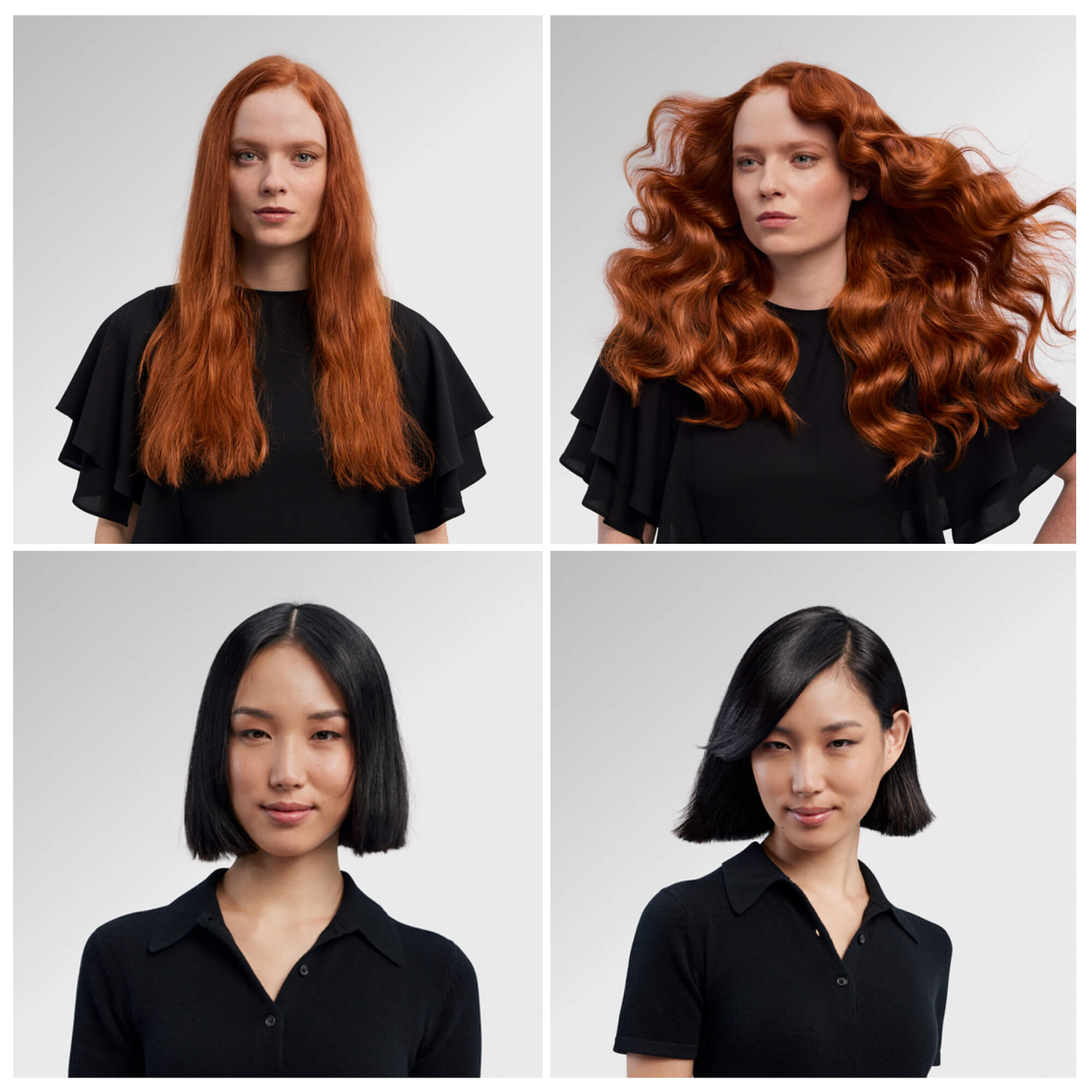 Quatre images montrant différentes coiffures, deux avec des cheveux roux et deux avec des cheveux noirs.
