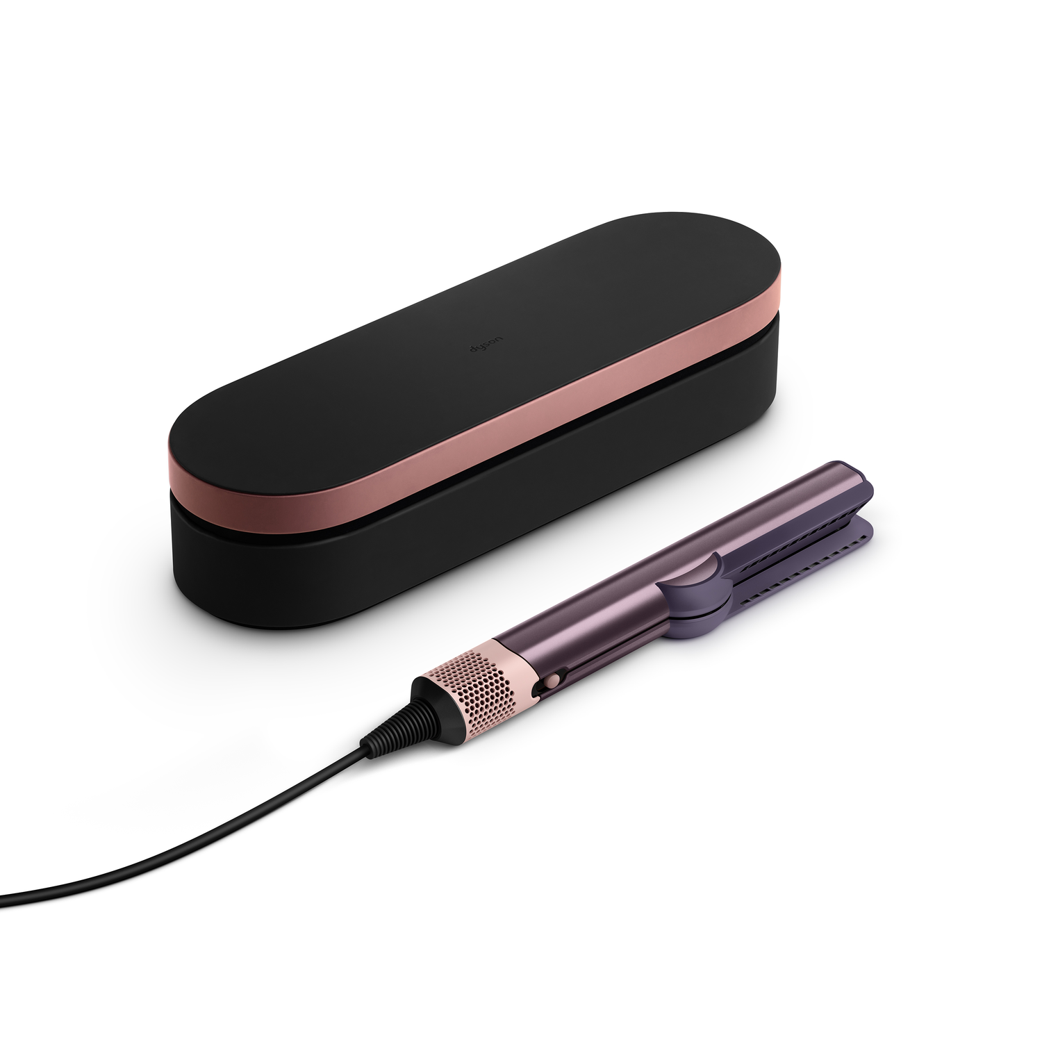 Dyson Corrale hair straightener and its case, black and copper, on a white surface.