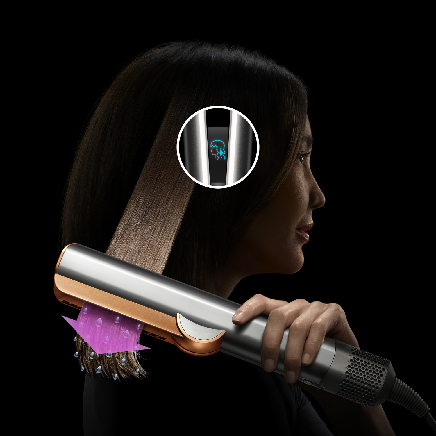 A person using a hair styling tool on dark background. Steam is visualized near the tool. Hair is smooth.