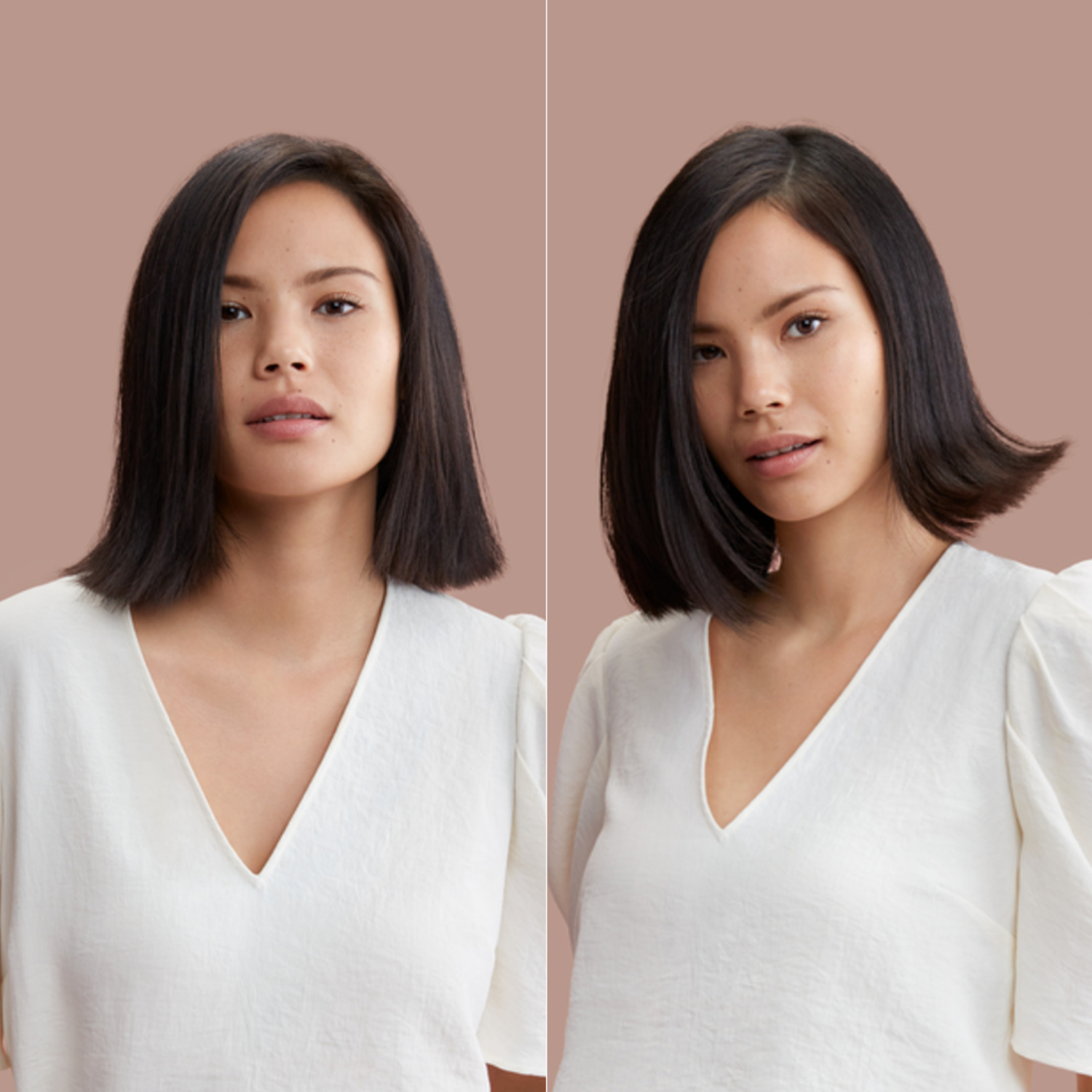 Deux photos côte à côte d'une femme aux cheveux noirs. L'une la montre avant, l'autre après une coupe de cheveux.
