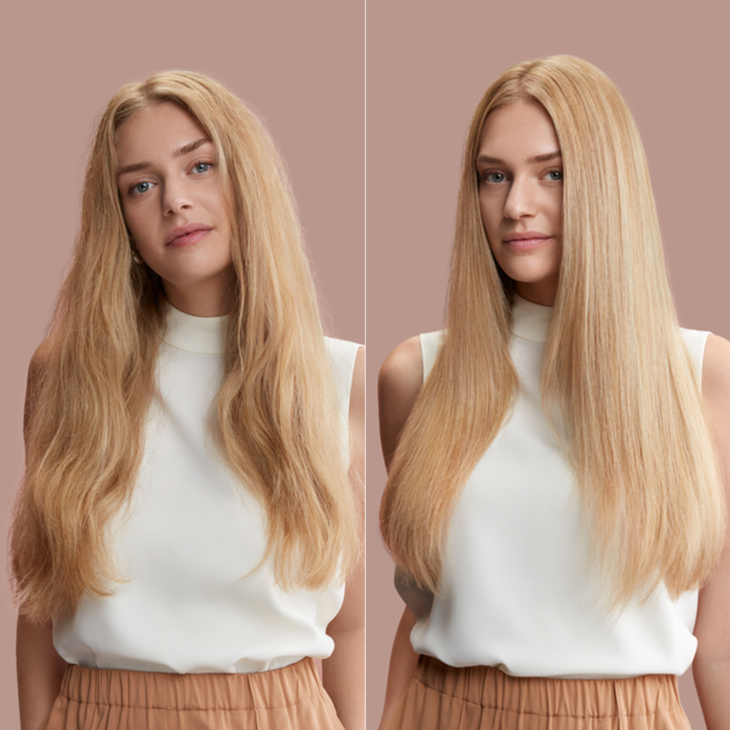 Blonde vrouw, links rommelig haar, rechts steil haar, beide in witte tops, bruine achtergrond.
