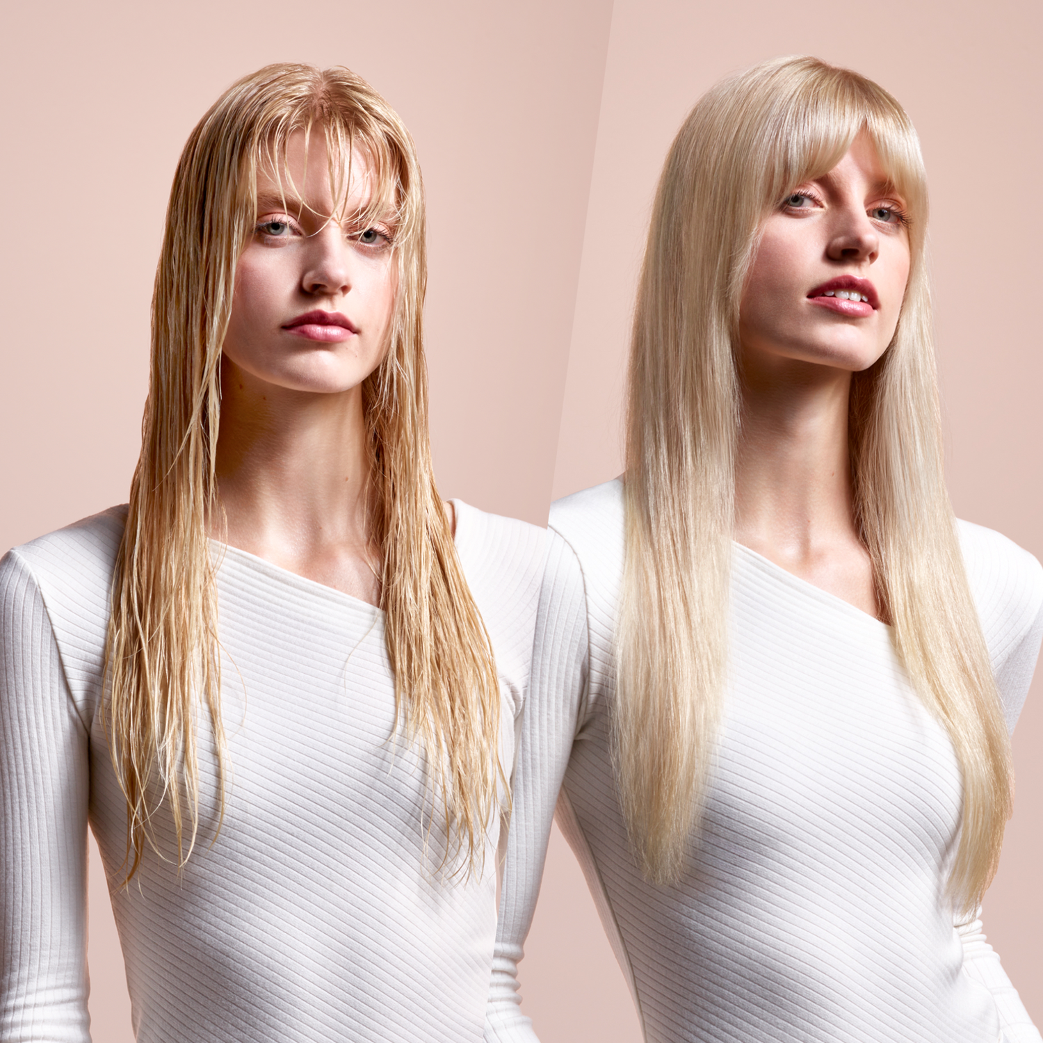 Woman with wet blonde hair, and another with styled blonde hair, both wearing white tops, pink background.