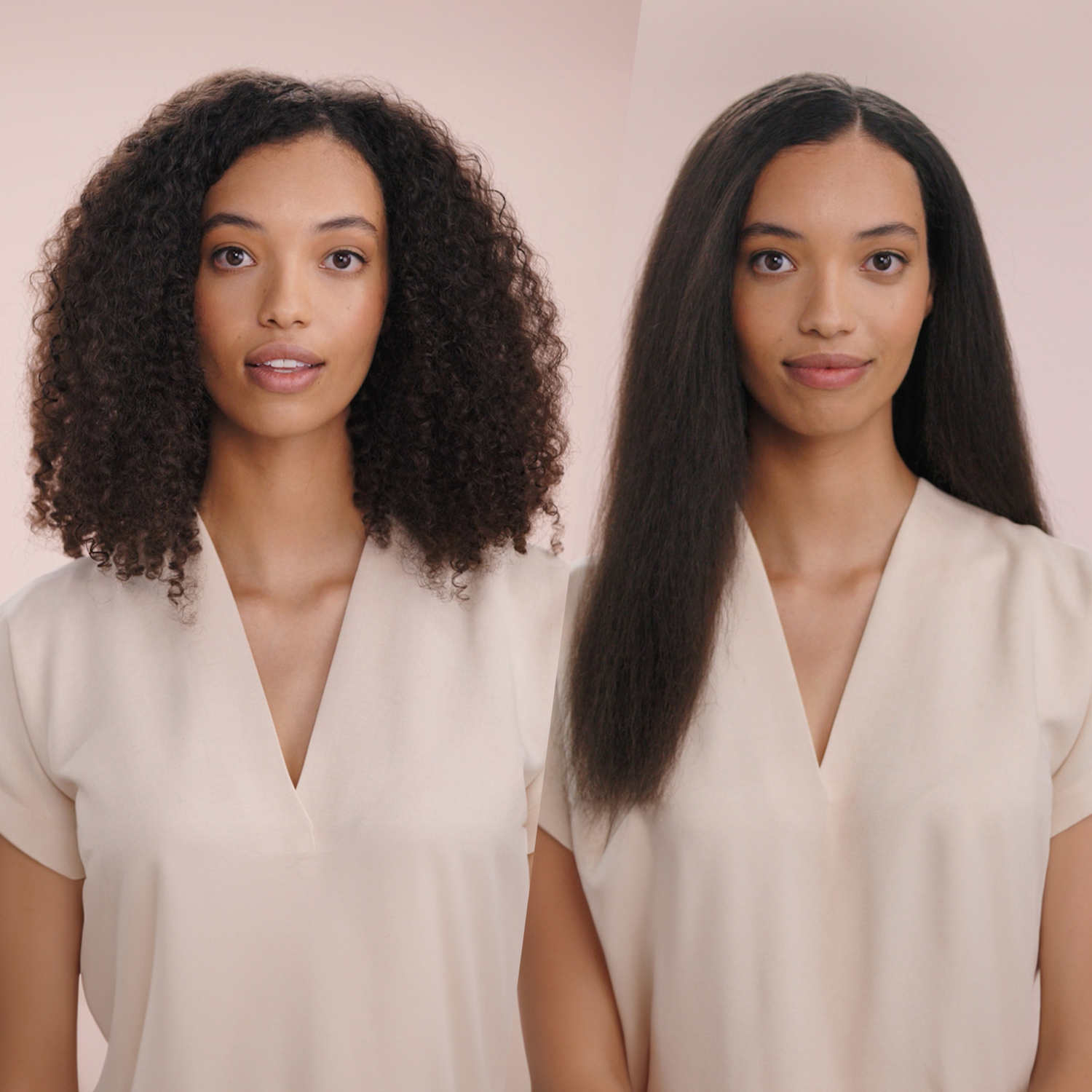 Woman with curly hair and straight hair, comparison, light background.