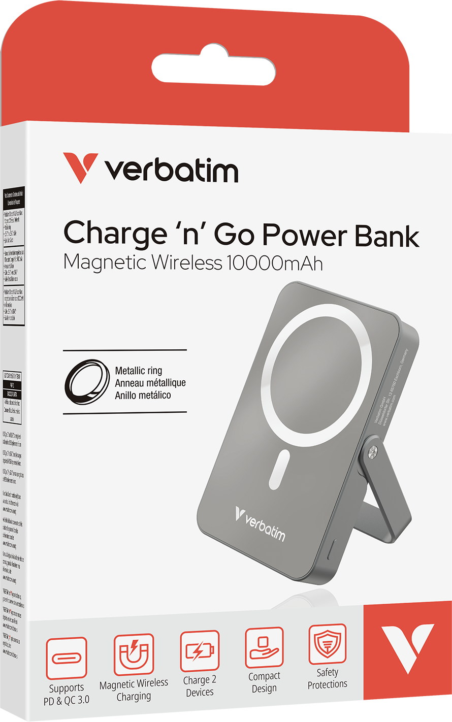 Verbatim power bank doboz termékképpel, funkciókkal, fehér háttérrel. Charge 'n' Go.