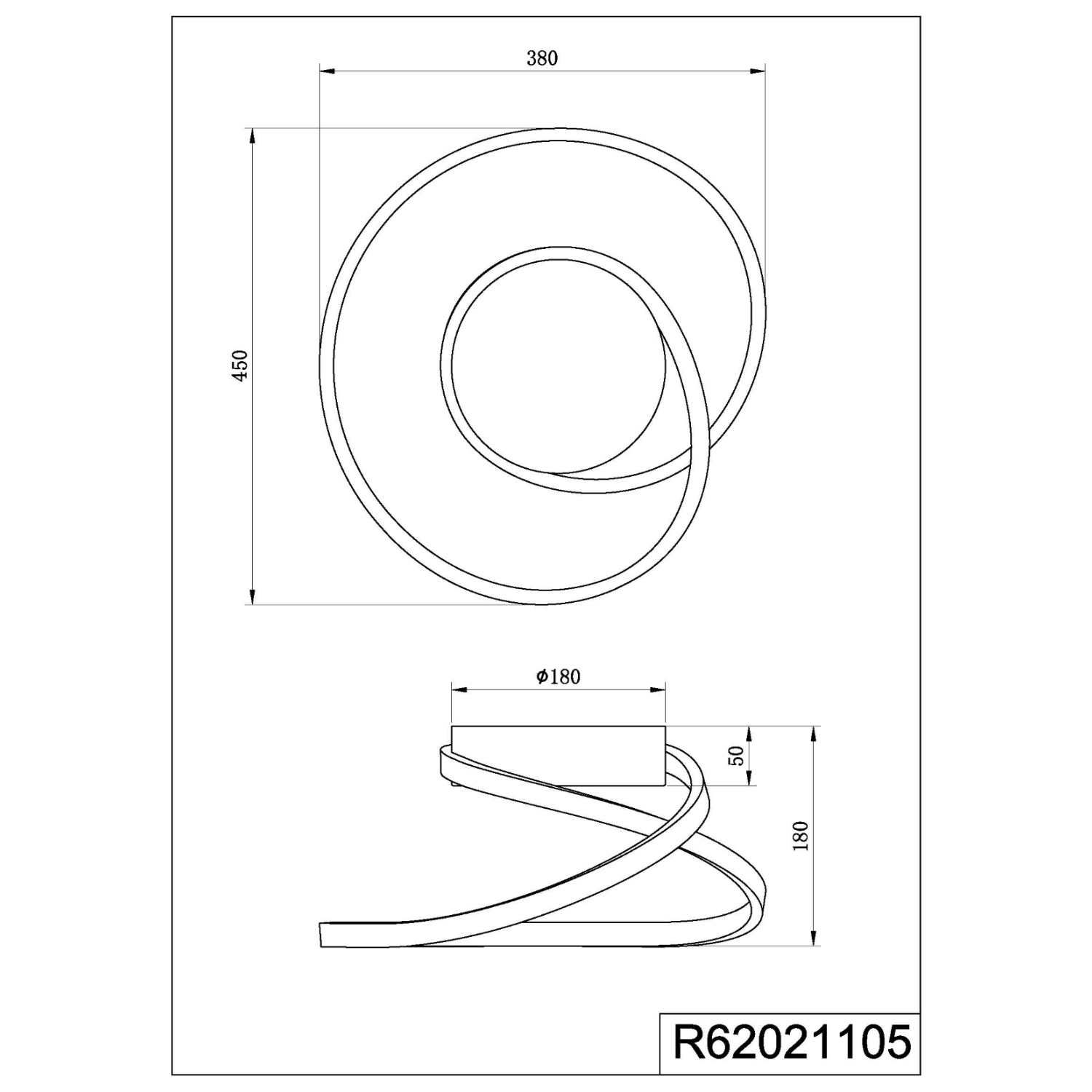 Disegno tecnico di una lampada moderna. Due cerchi intrecciati con dimensioni su sfondo bianco.