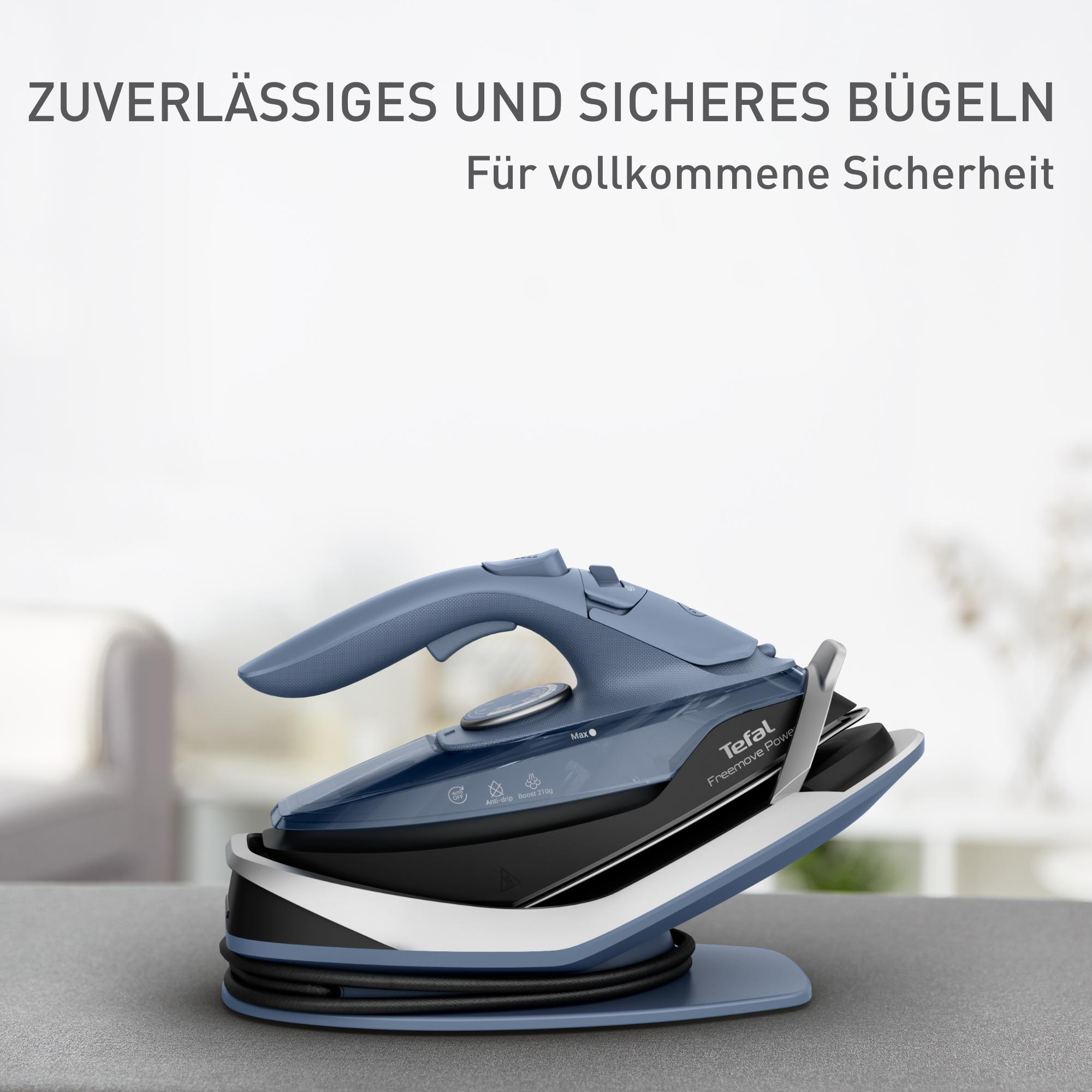 Tefal Dampfbügeleisen auf seinem Ständer, blau und schwarz, mit Text über sicheres Bügeln.