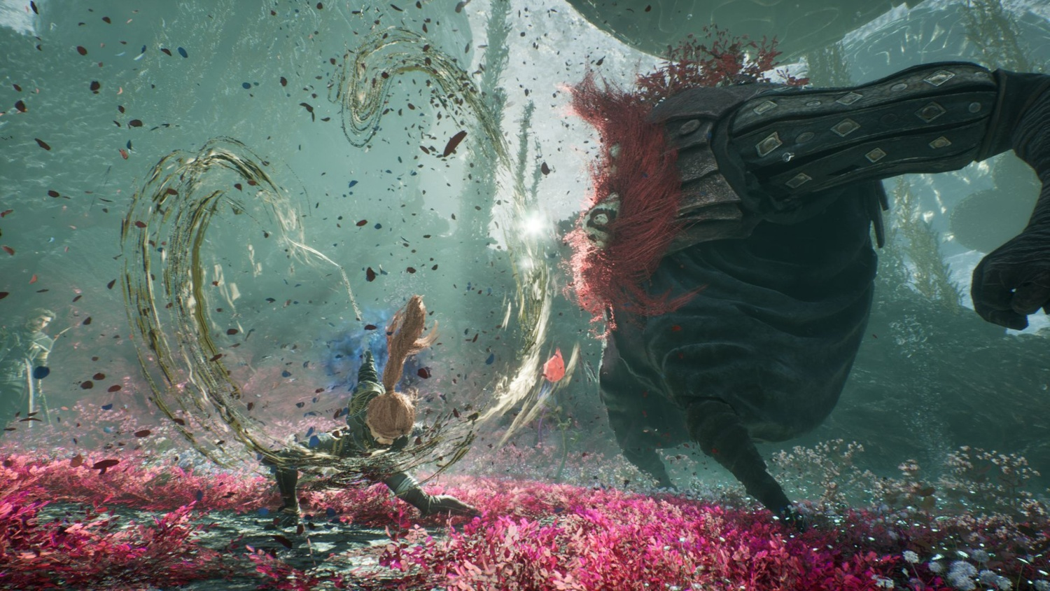 Una scena di videogioco con un personaggio che combatte una grande creatura in un ambiente fiorito rosa.