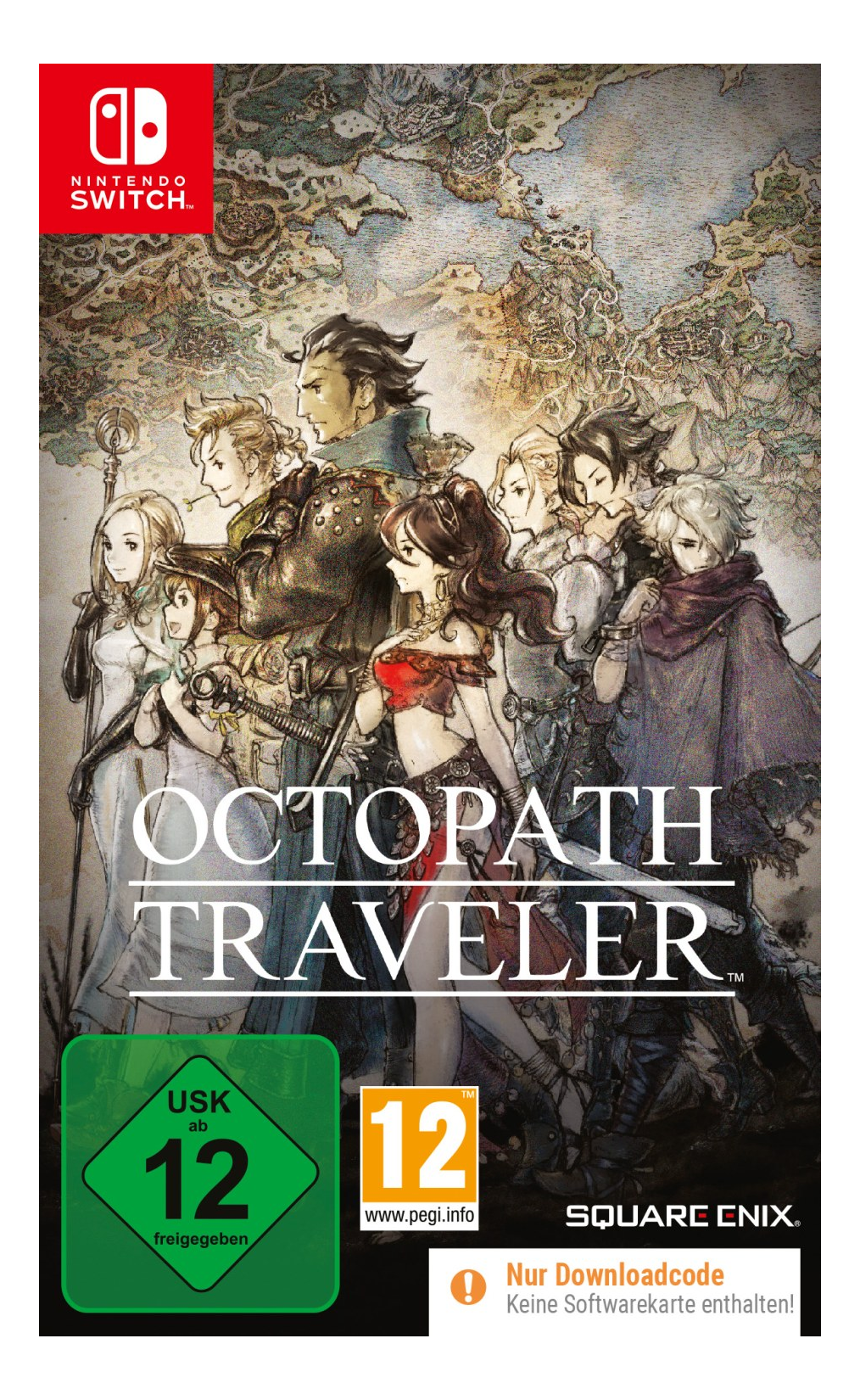 Octopath Traveler-Spielecover. Charaktere stehen vor einer Karte, Nintendo Switch-Logo oben. USK 12 und PEGI 12-Bewertungen.