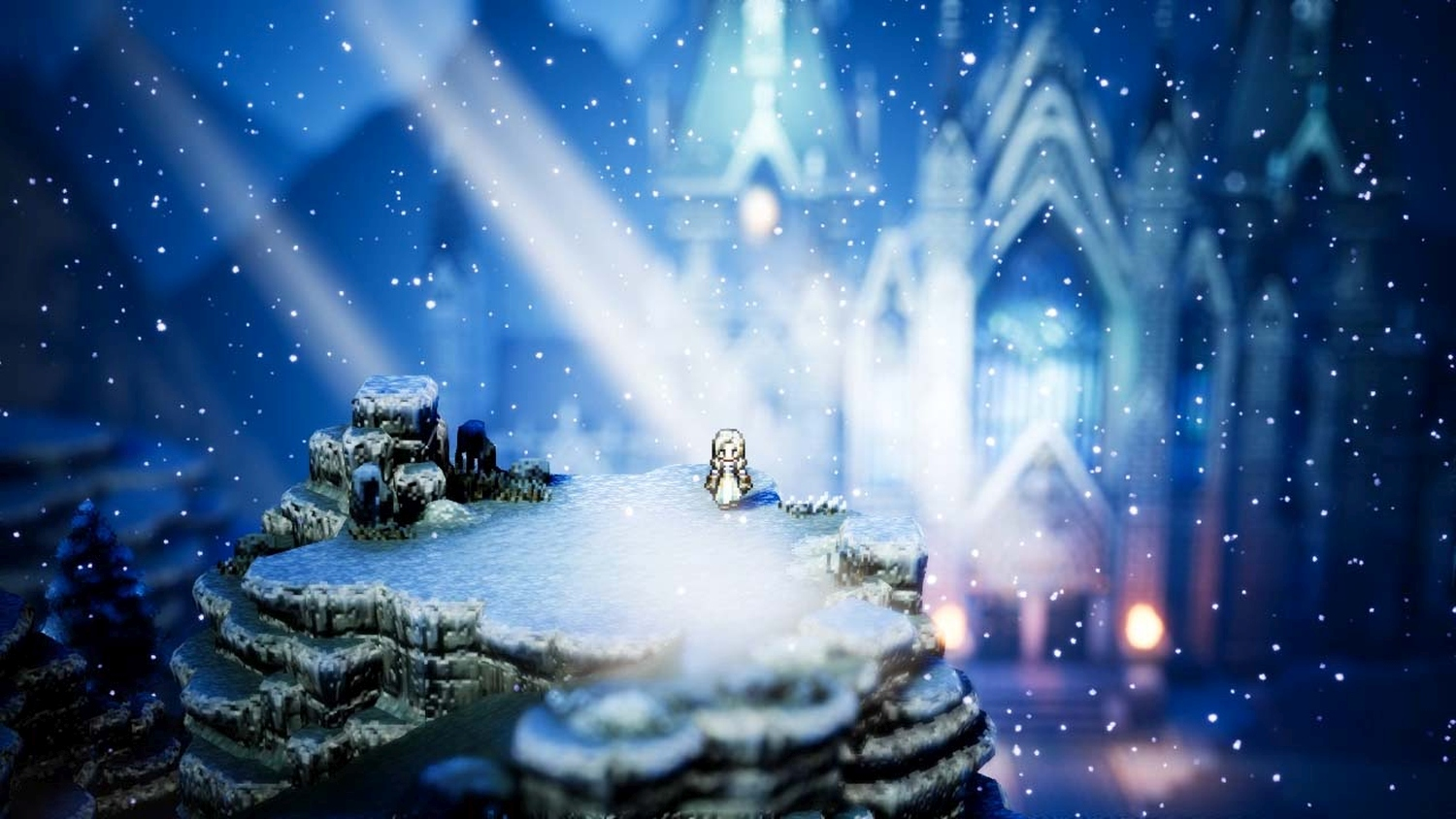 Eine pixelige Figur steht auf einer schneebedeckten Felsformation. Im Hintergrund ein Schloss, mit Schneefall und einem leuchtenden Licht.