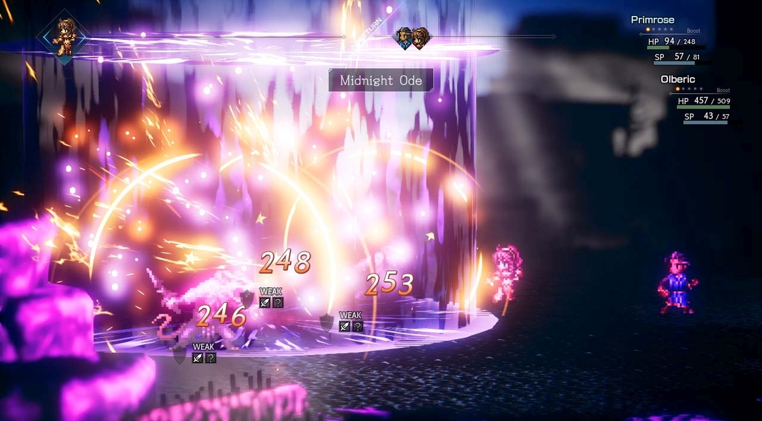Ein Charakter in einem Spiel wirkt einen violetten Zauber, mit sichtbaren Schadenszahlen. Gesundheits- und Statusleisten werden ebenfalls angezeigt.