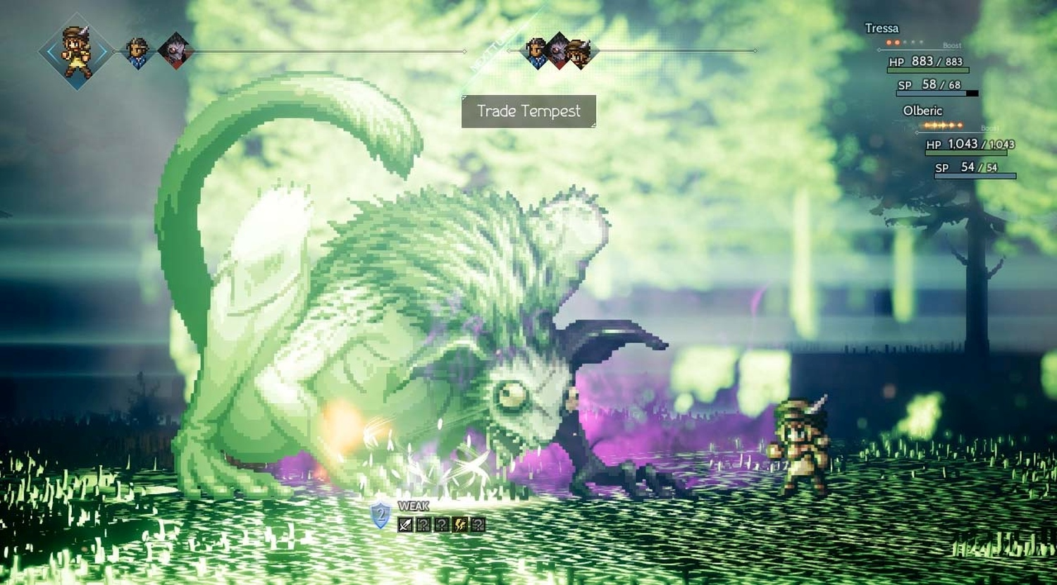 Ein grünes Monster steht einem Charakter in einer Waldszene gegenüber. Die Spieloberfläche enthält Gesundheitsbalken. Das Monster ist als Trade Tempest gekennzeichnet.