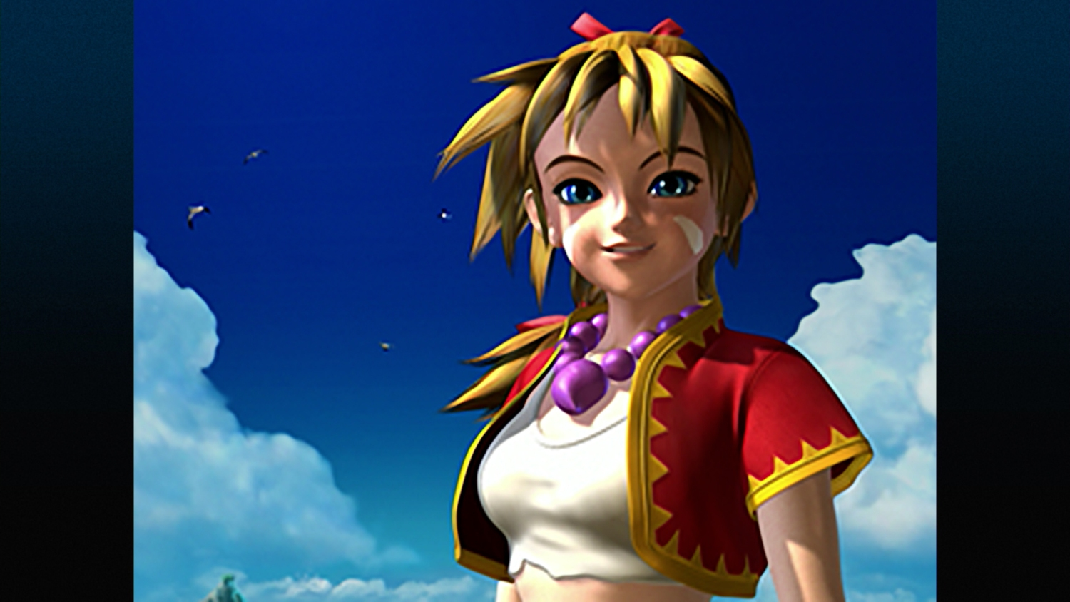 Anime-Mädchen mit blonden Haaren, roter Jacke und lila Halskette lächelt vor blauem Himmel mit Wolken und Vögeln.