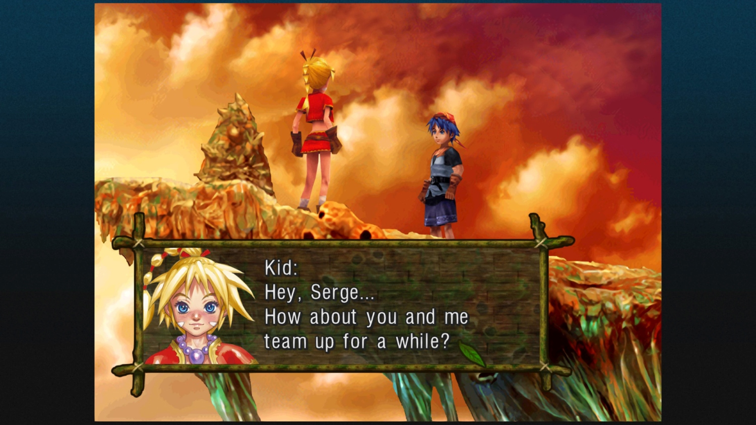 Anime-Szene: Kid bittet Serge, sich zusammenzutun. Sie stehen auf einer Klippe mit feurigem Himmel im Hintergrund.
