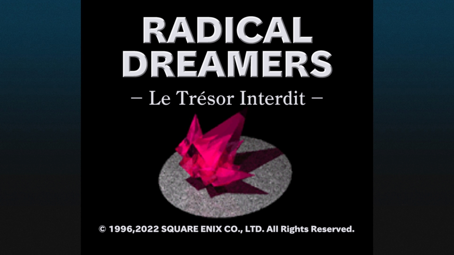 Titelkarte für 'Radical Dreamers'. Enthält Titel, 'Le Trésor Interdit', einen rosa Edelstein und Urheberrechtsinformationen.