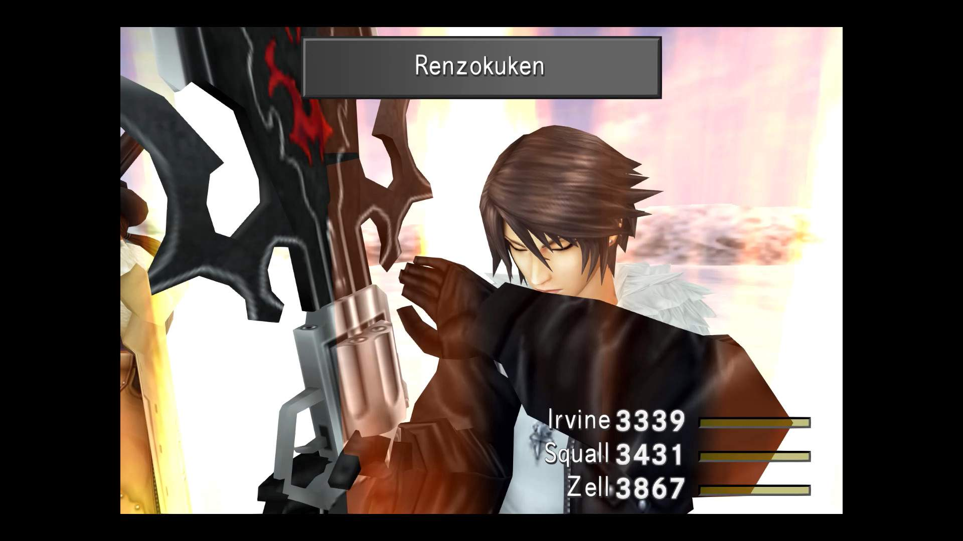 Eine Spielszene zeigt eine Figur, die eine große Waffe hält. Textfeld liest 'Renzokuken'. Charakterstatistiken: Irvine 3339, Squall 3431, Zell 3867.