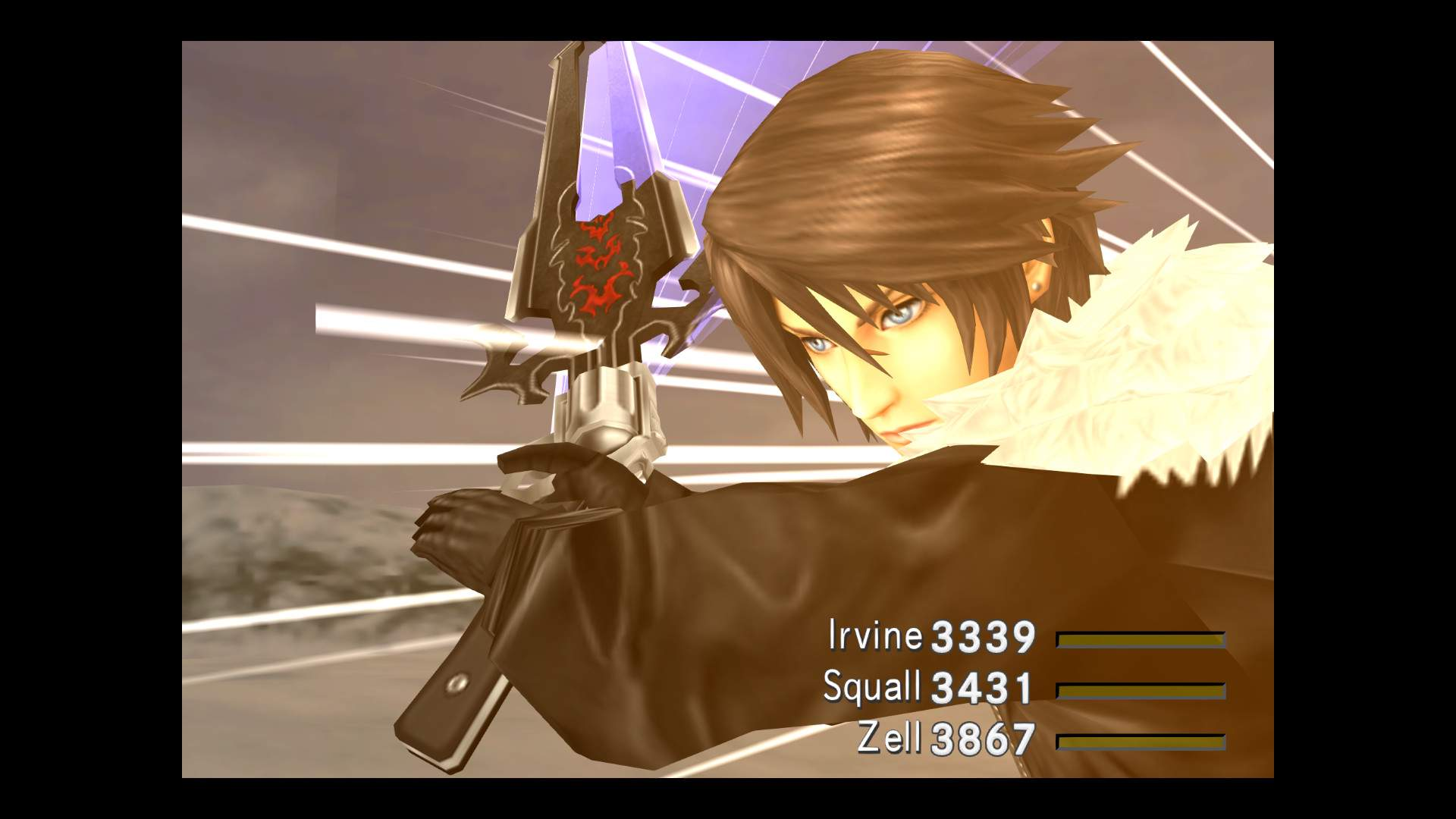 Eine Figur aus Final Fantasy VIII hält ein schwarzes und silbernes Gunblade. Er hat braunes Haar, blaue Augen und einen weißen Pelzkragen.