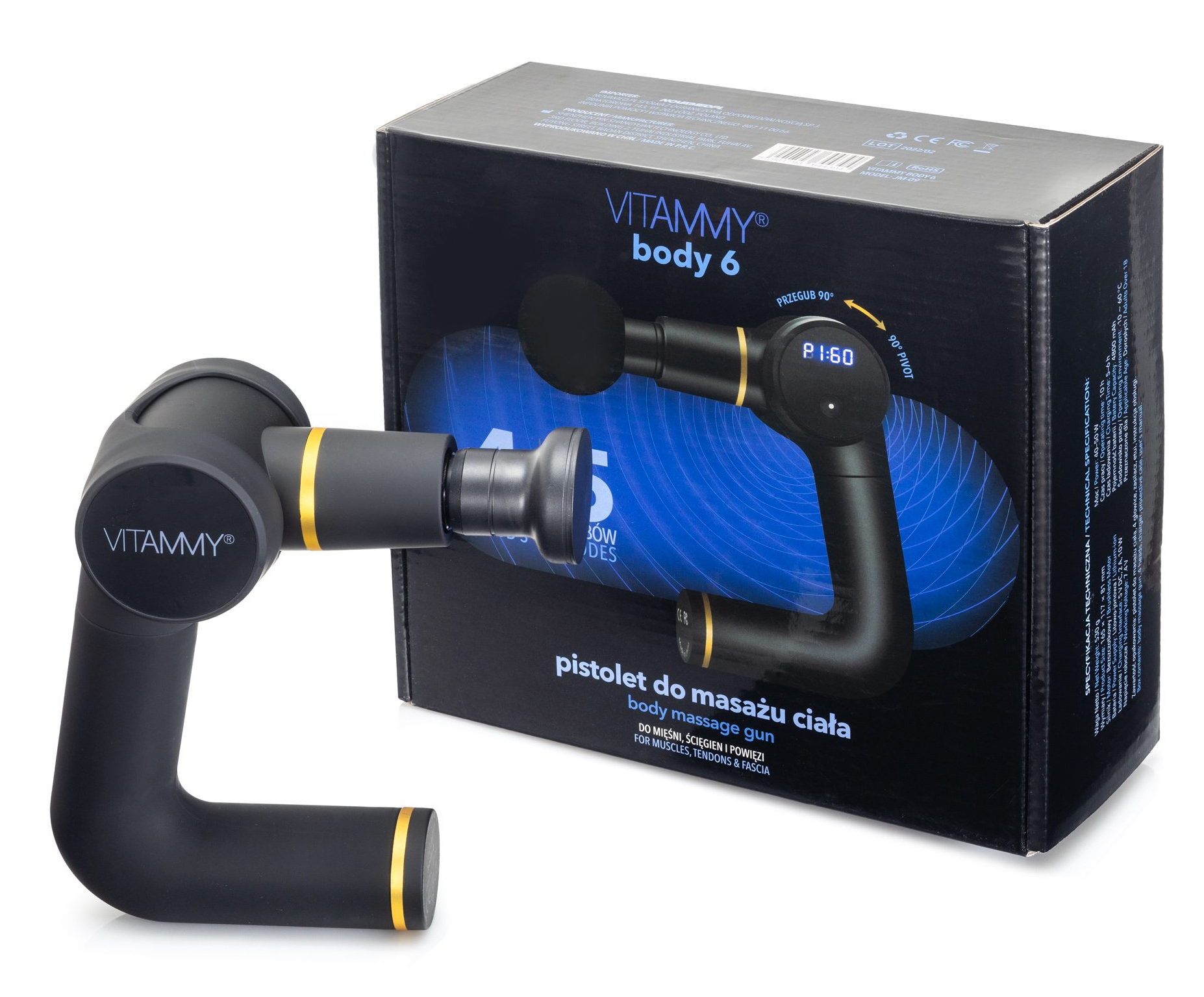Czarny pistolet do masażu ciała z pudełkiem. Pudełko zawiera informacje o produkcie, w tym markę VITAMMY.