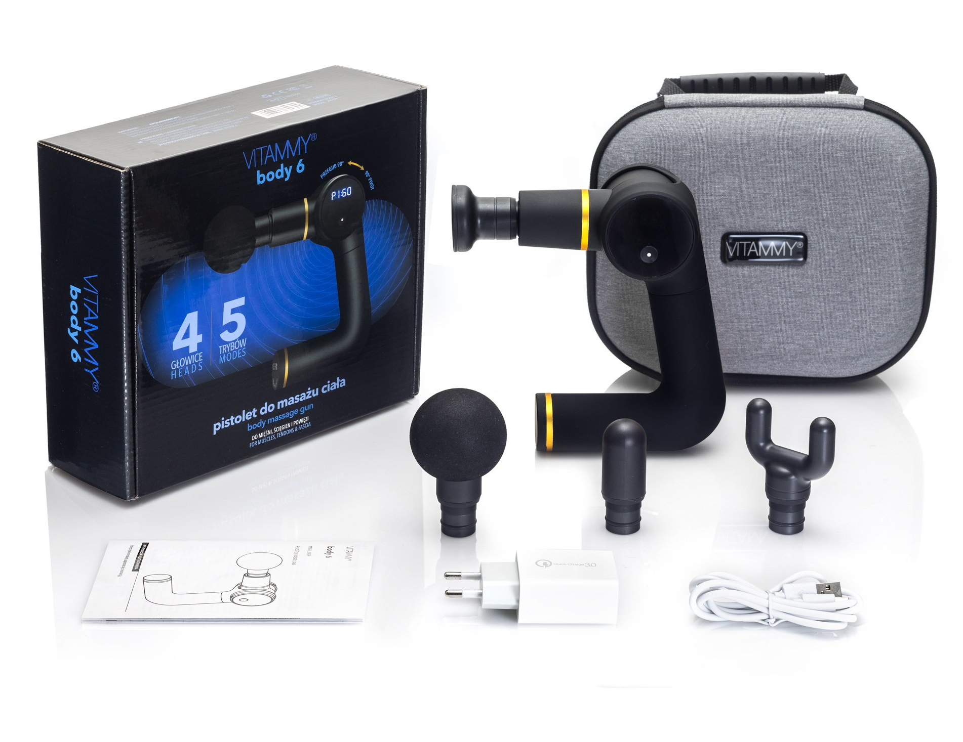 Pistolet do masażu Vitammy body 6 z nasadkami, pudełkiem i ładowarką. Białe tło.