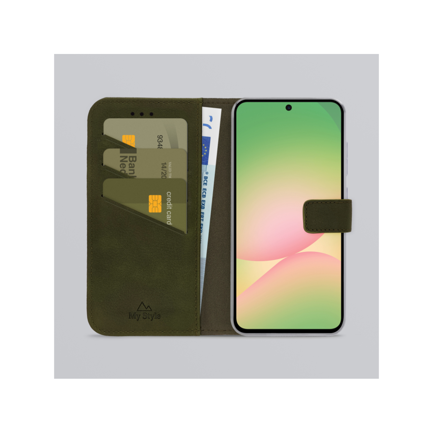 Olijfgroene leren telefoonhoes met twee kaarten en een rekening, telefoonscherm rechts.